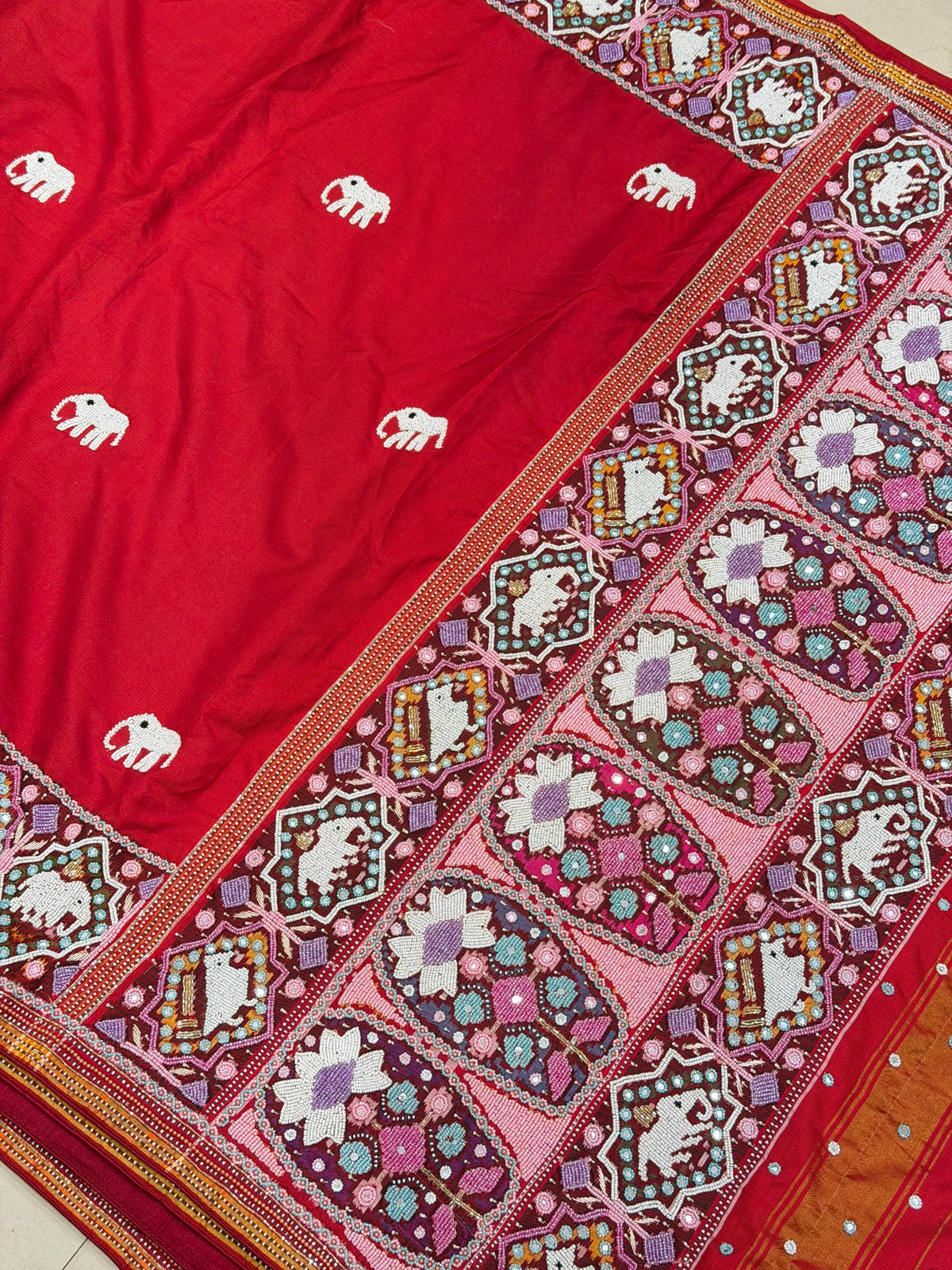 Red Pure Silk Patan Patola Hand Embroidery Kidiya Moti Saree