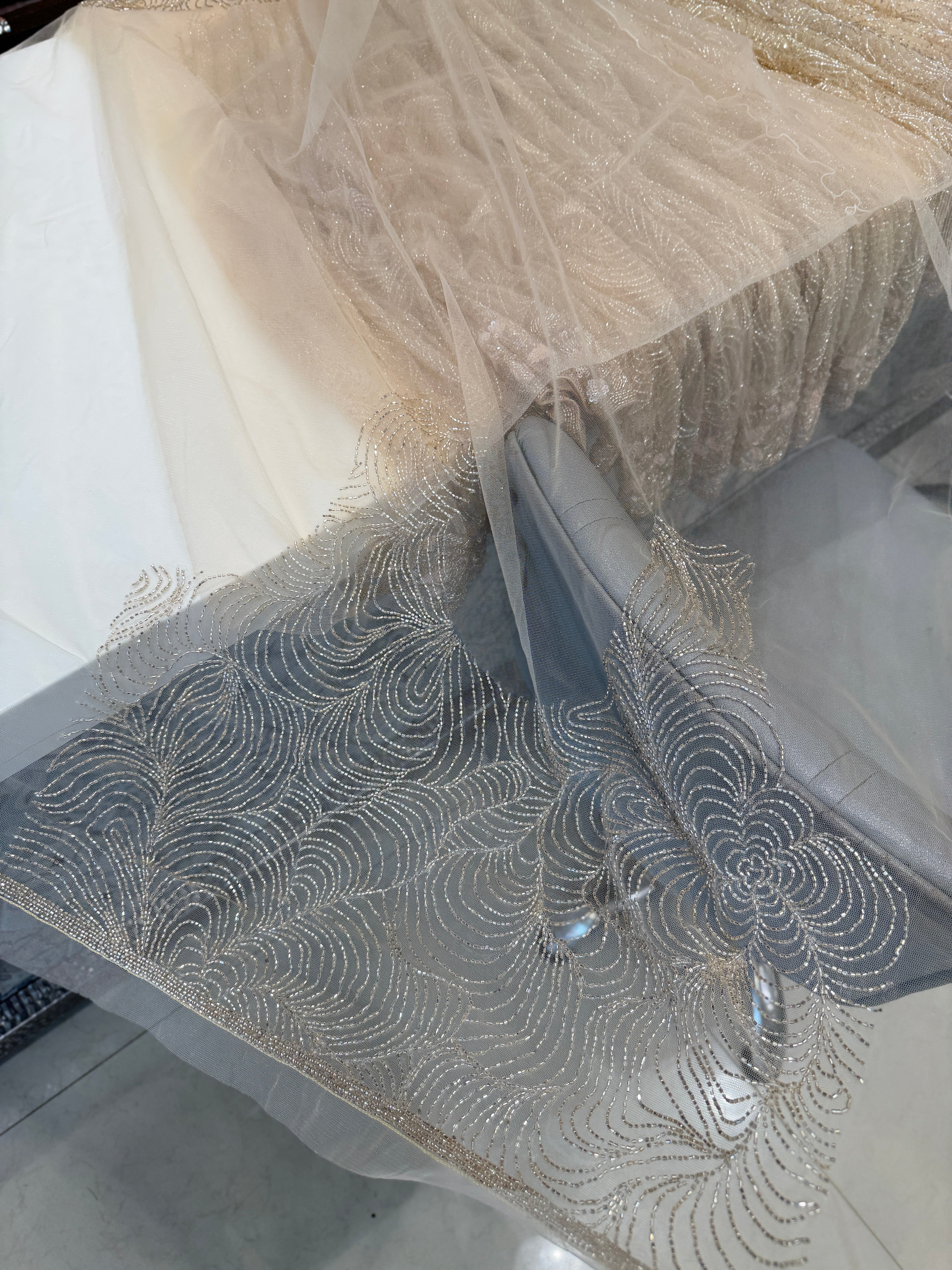 Nude Net Hand Embroidery Zardosi Moti Knot Work Saree