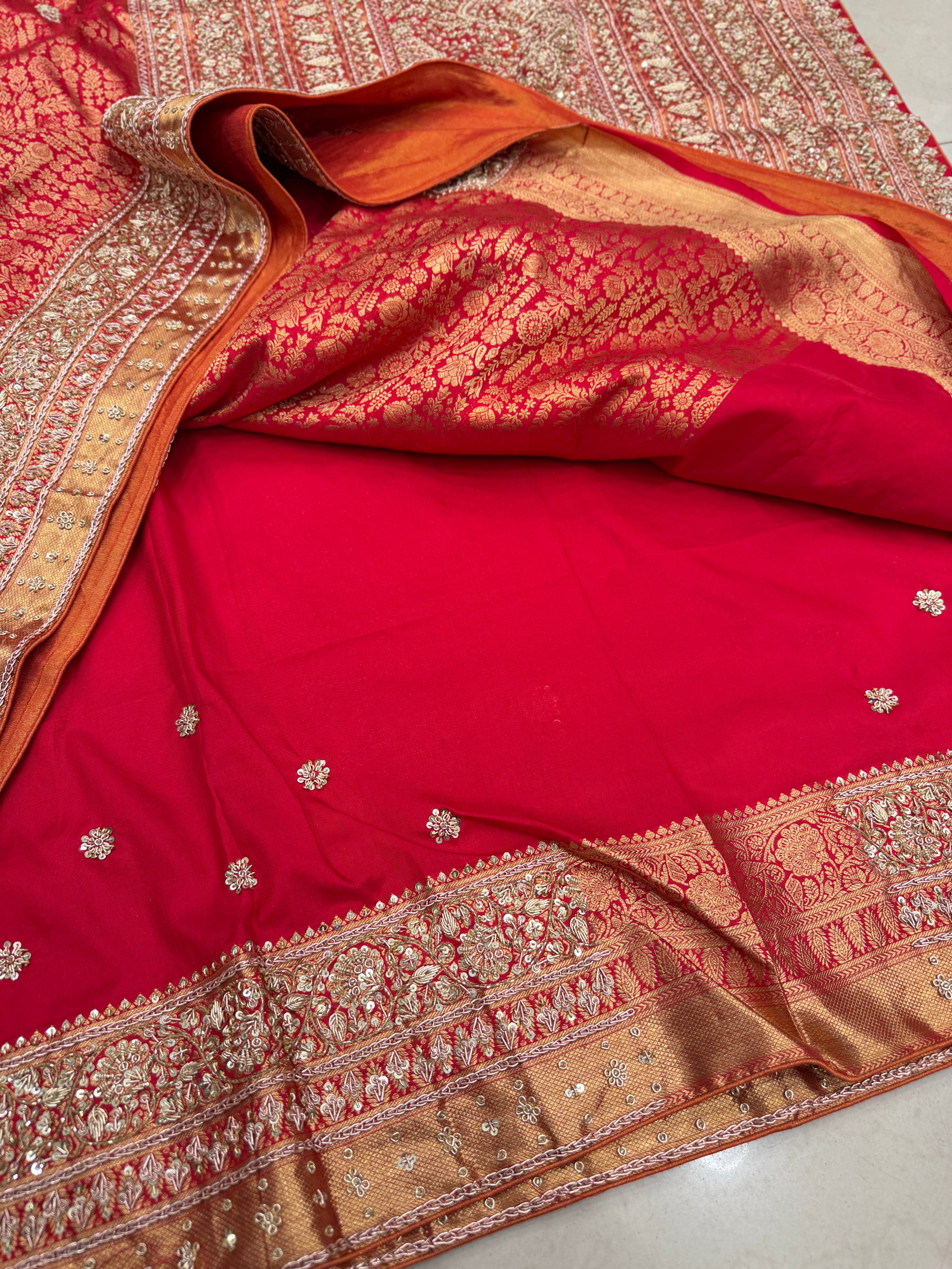 Red Pure Silk Kanjivaram Floral Zardosi Hand Embroidery Saree