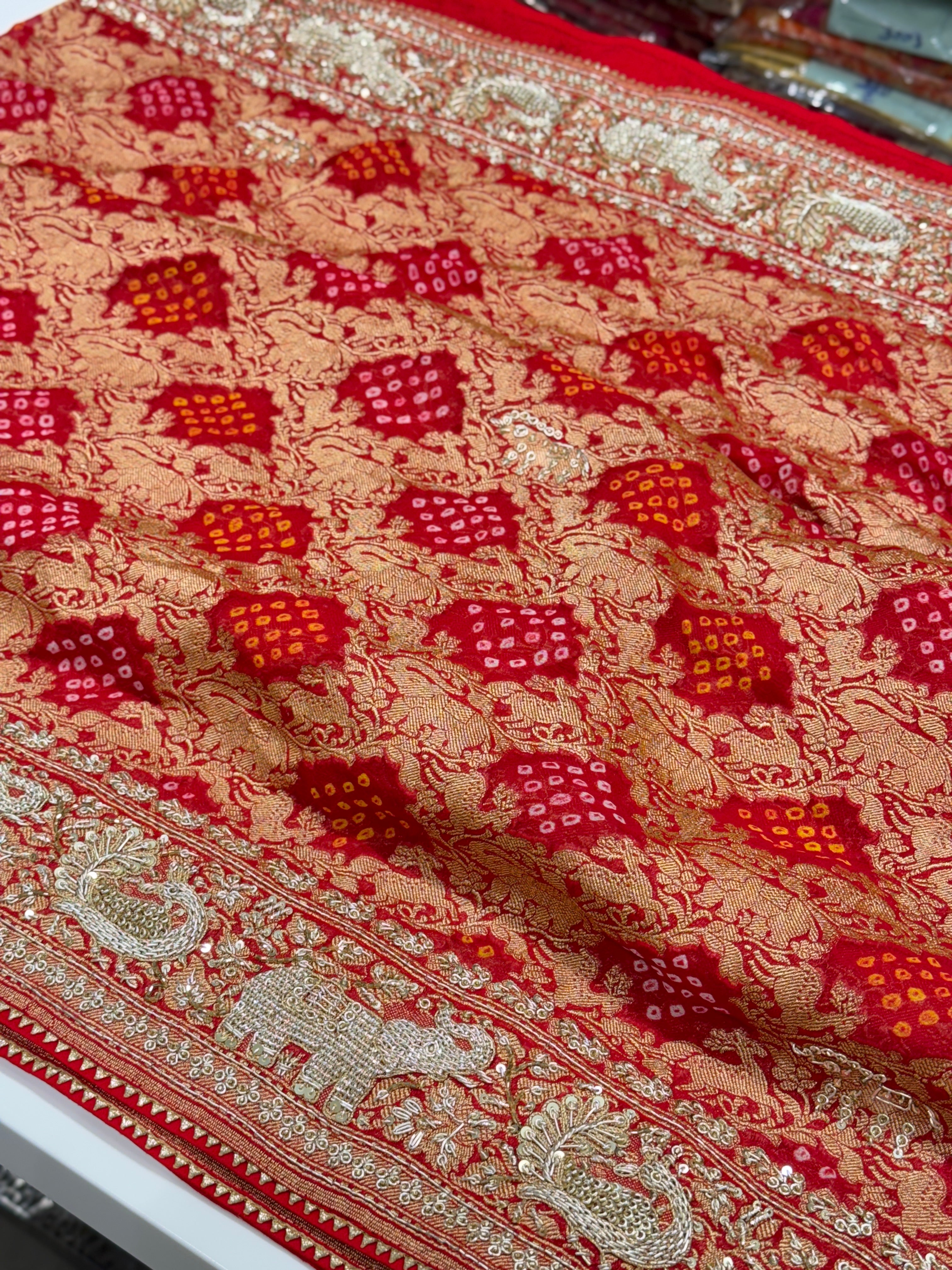 Red Bandhej Zardosi Saree