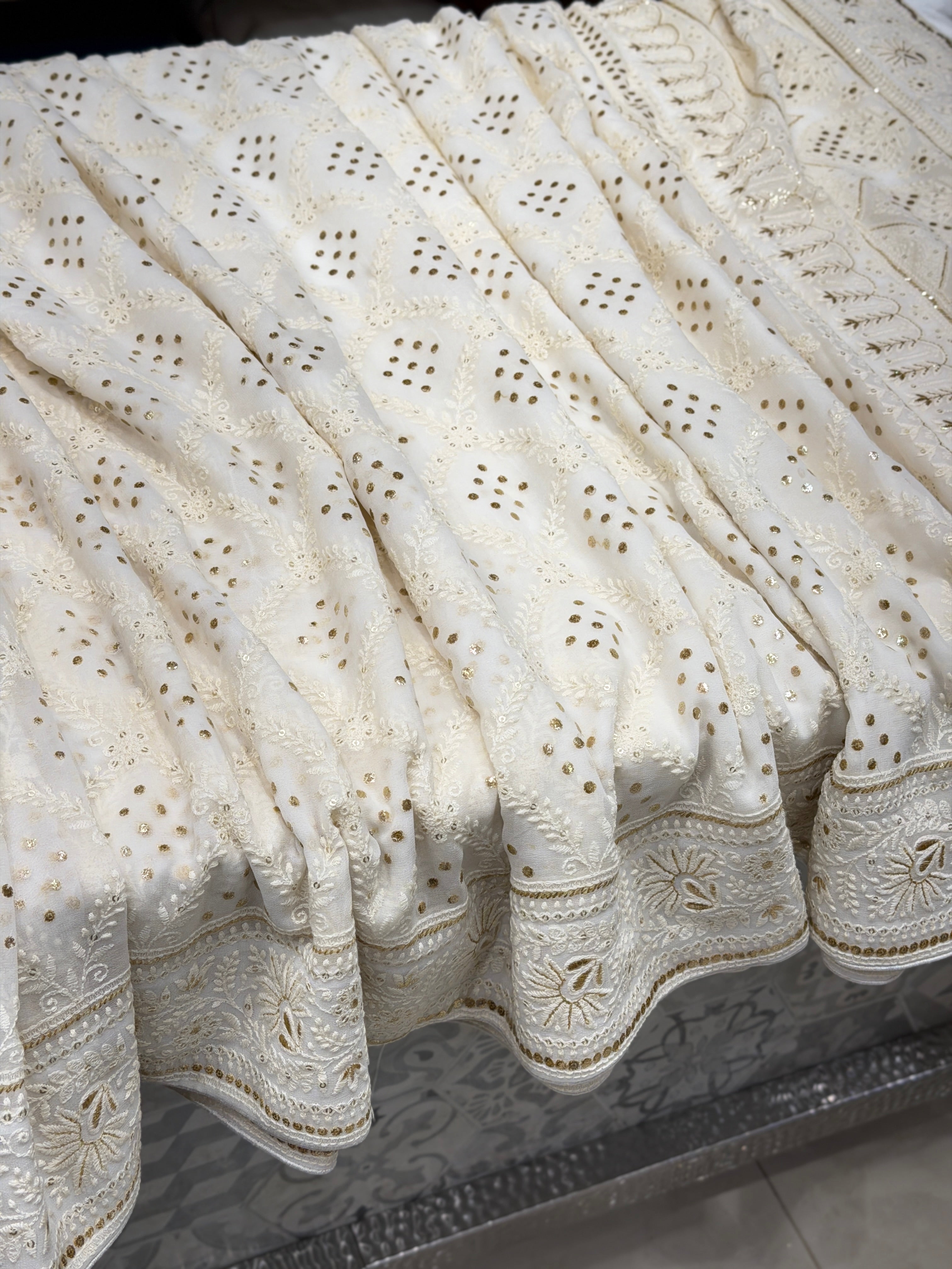 Moti White Georgette Badla Embroidery Chikankari Resham Saree