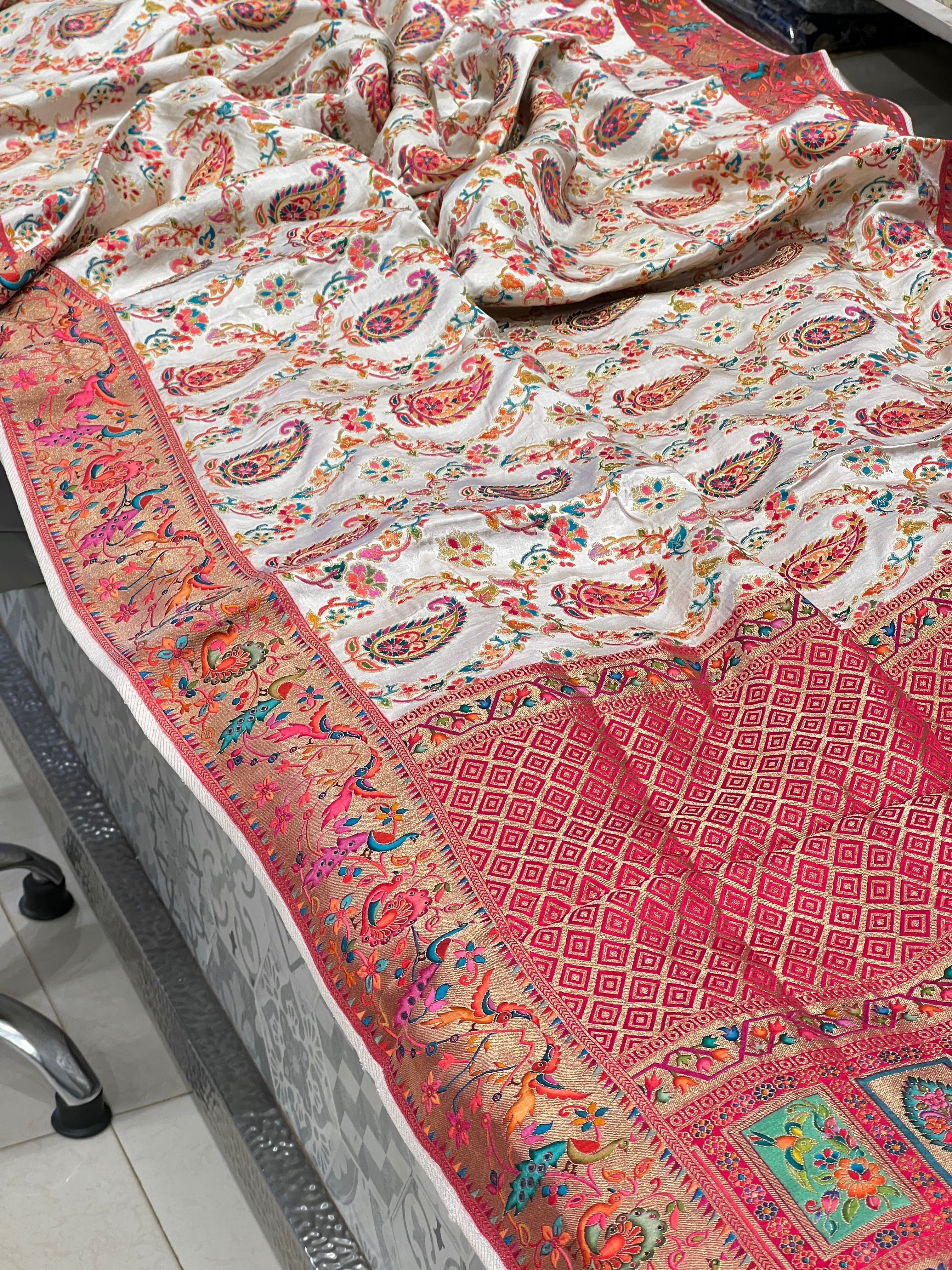 Off White Pashmina Modal Satin Saree