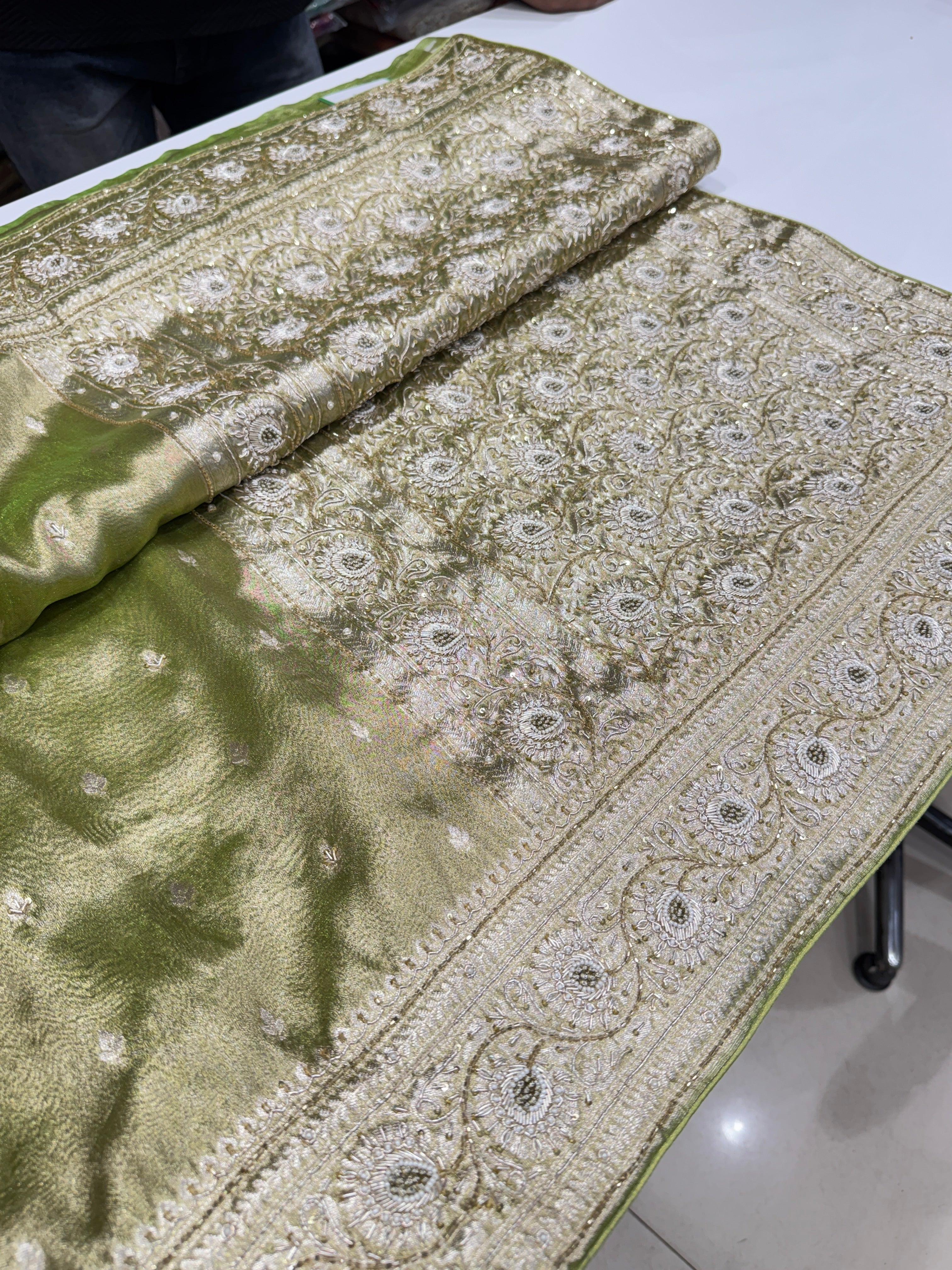 Green Banarasi Tissue Zardosi Embroidery Saree