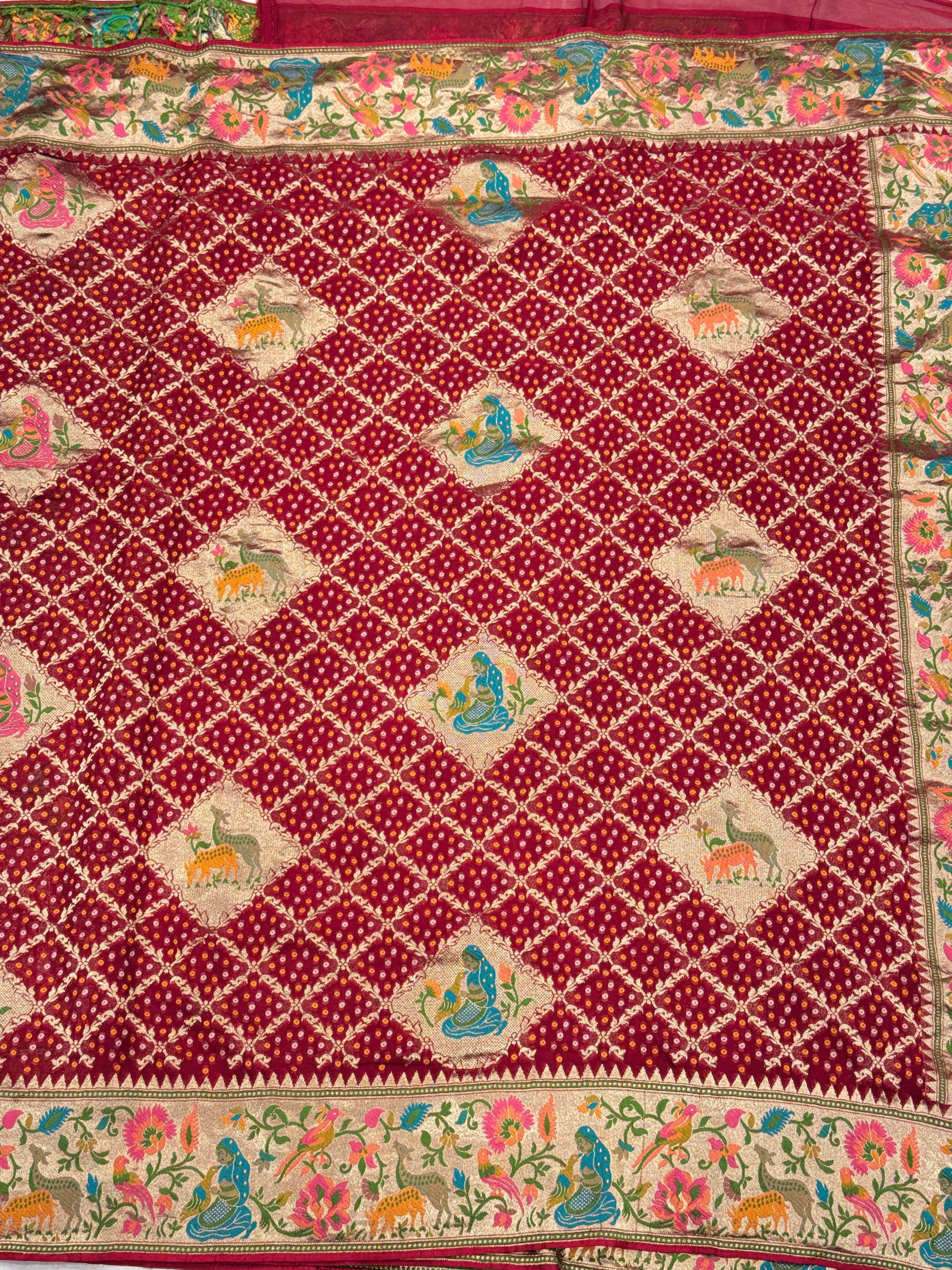 Red Woven Bandhej Banarasi Meenakari Saree