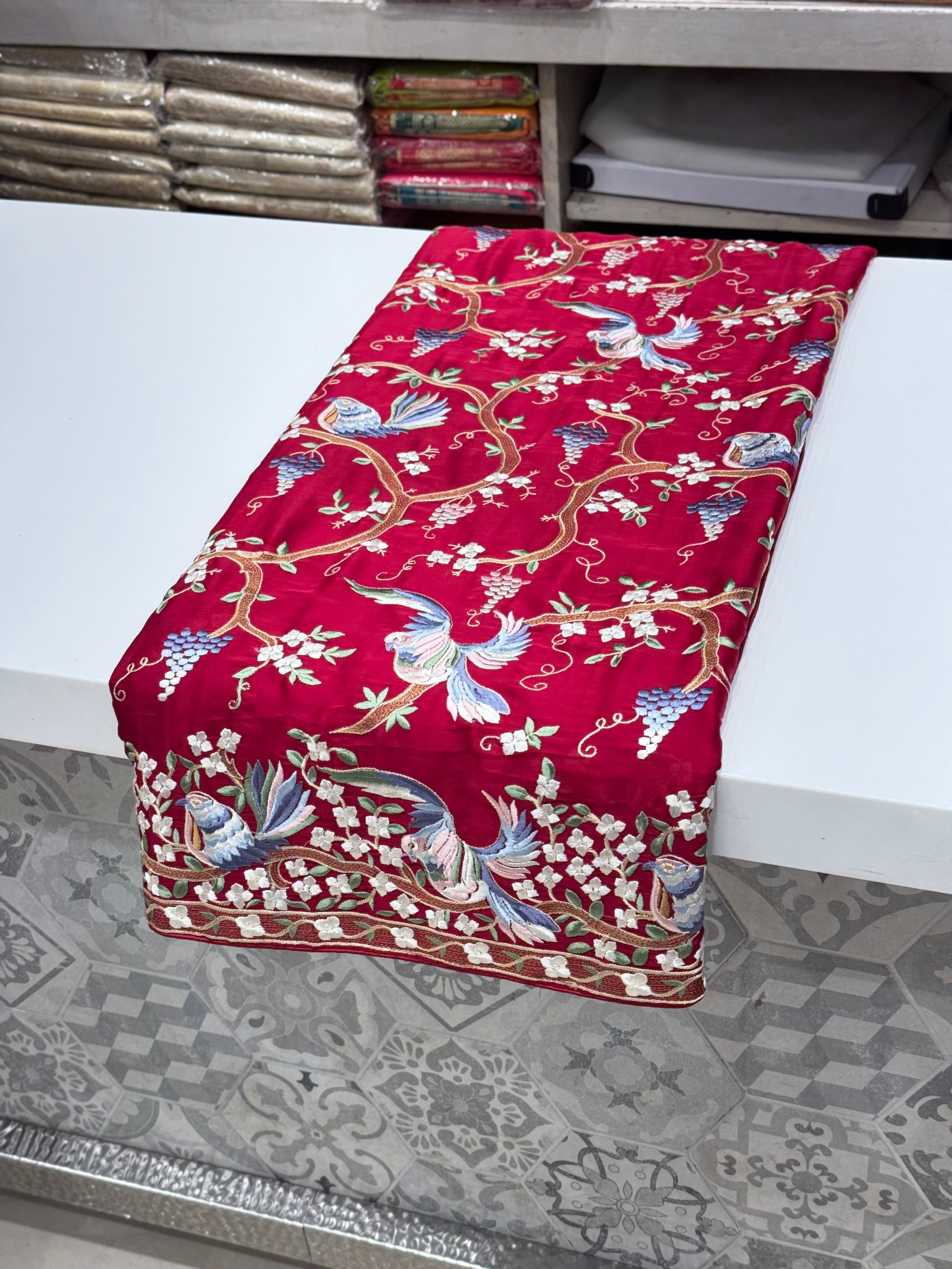 Red Crepe Parsi Gara Saree Jaal Chakla Chakli Design