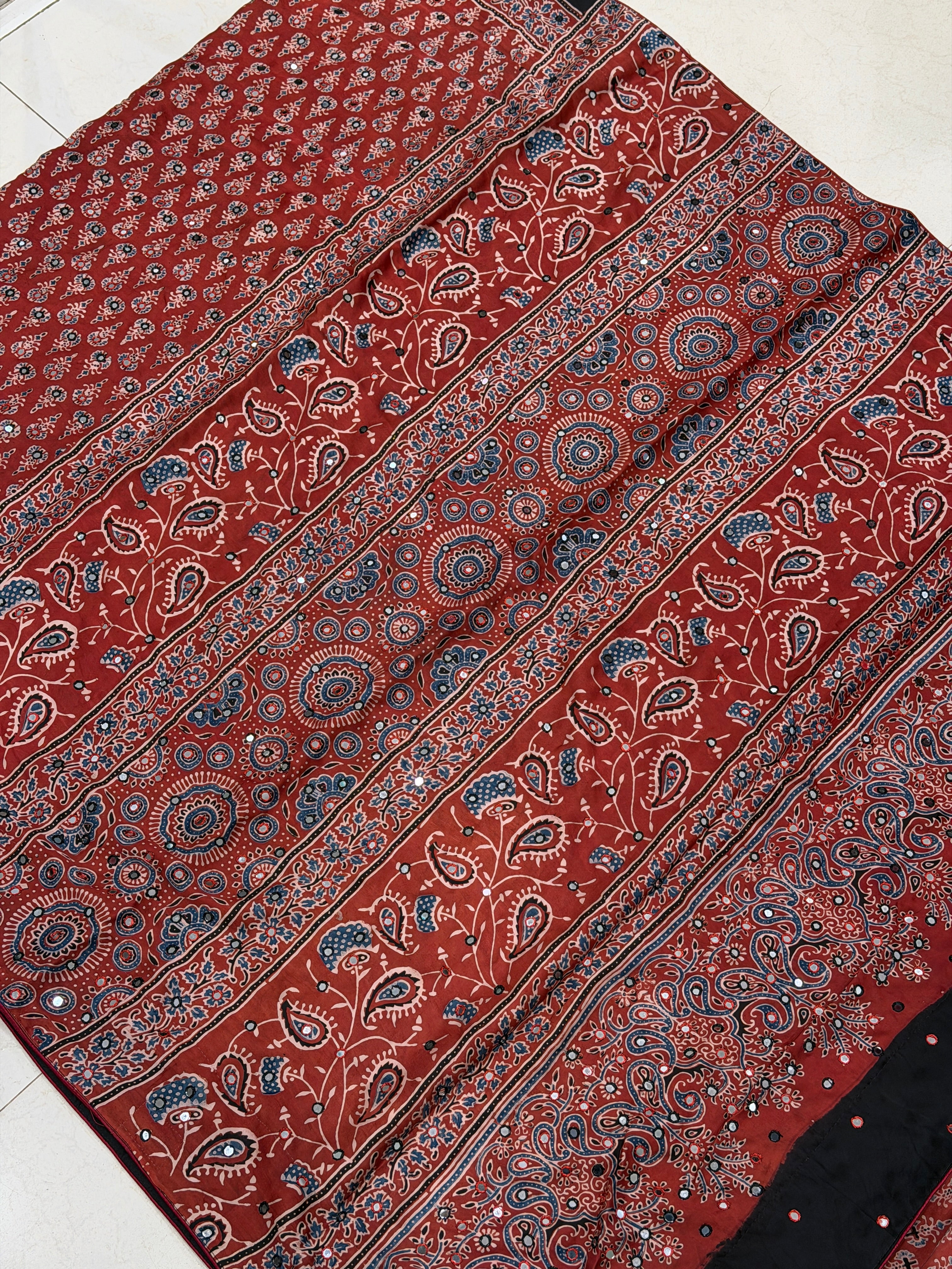 Red Butti Ajrakh Real Mirror Resham Hand Embroidery Saree