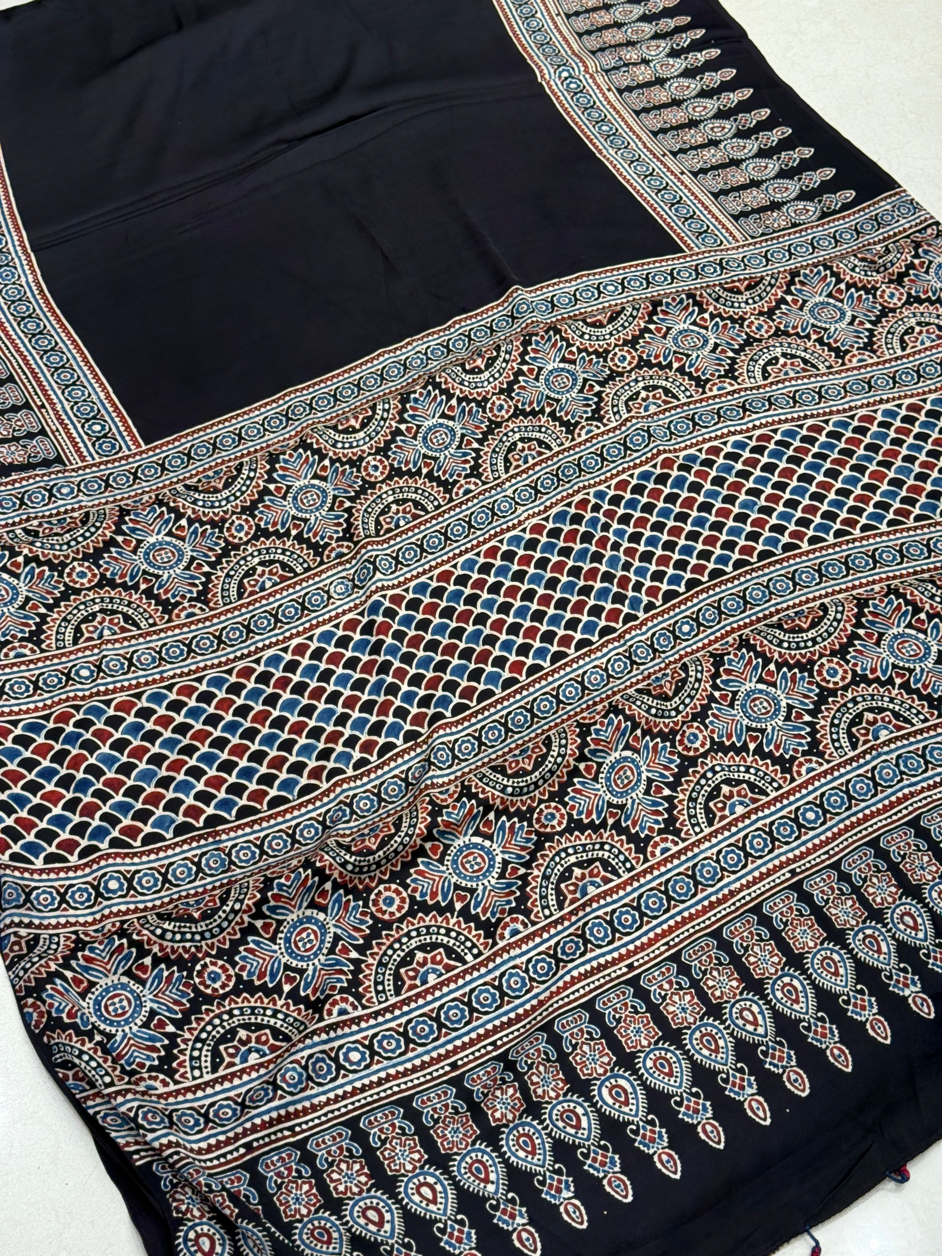 Black Plain Border Modal Gajji Silk Handblock Print Ajrakh Saree