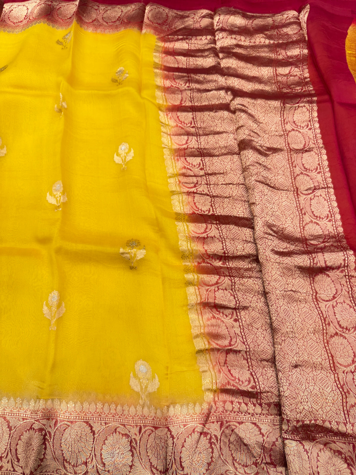 Yellow Red Buttas Handloom Banarasi Kora Silk Saree