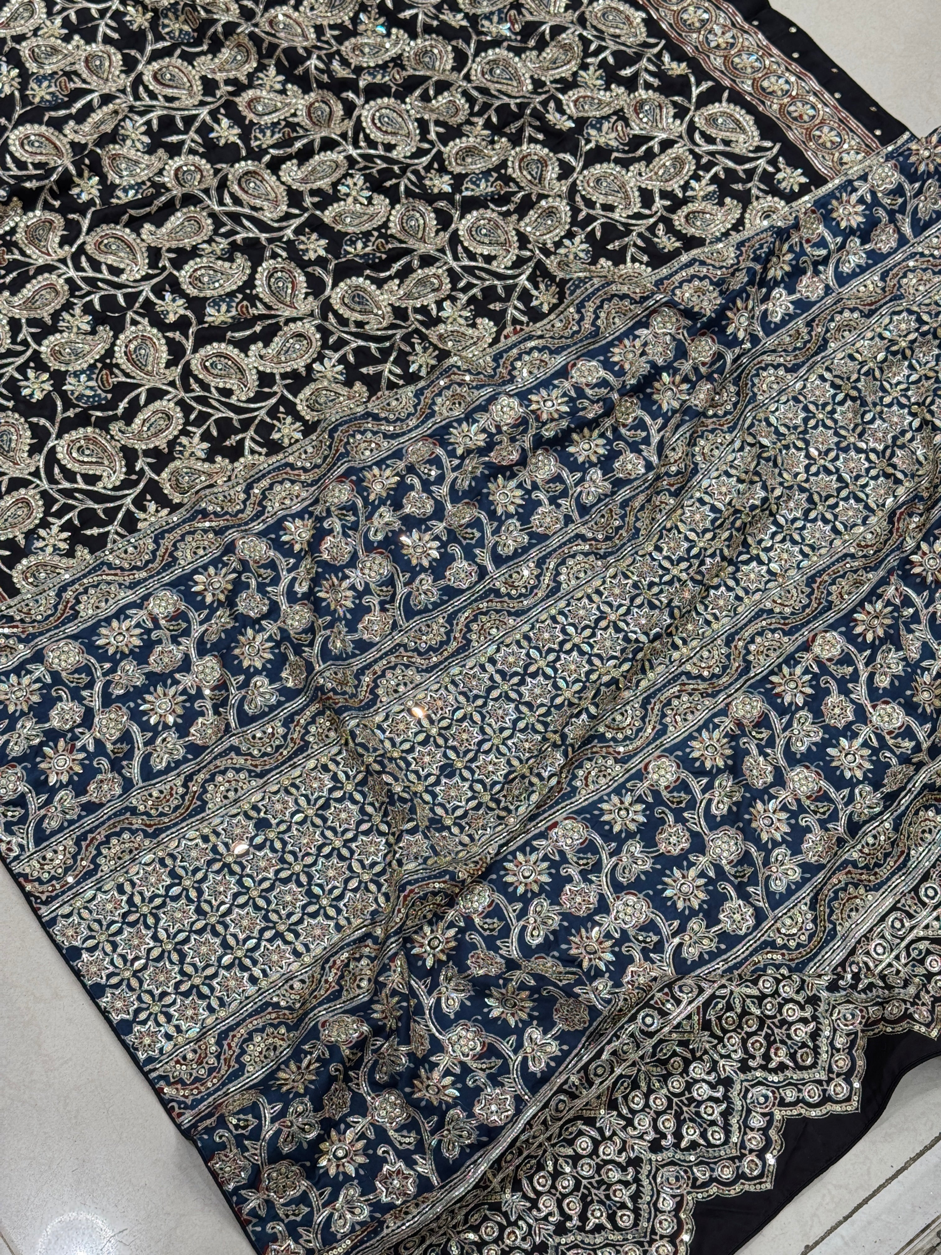 Black Blue Pallu Ajrakh Badam Jaal Hand Embroidery Zardosi and Pita Work