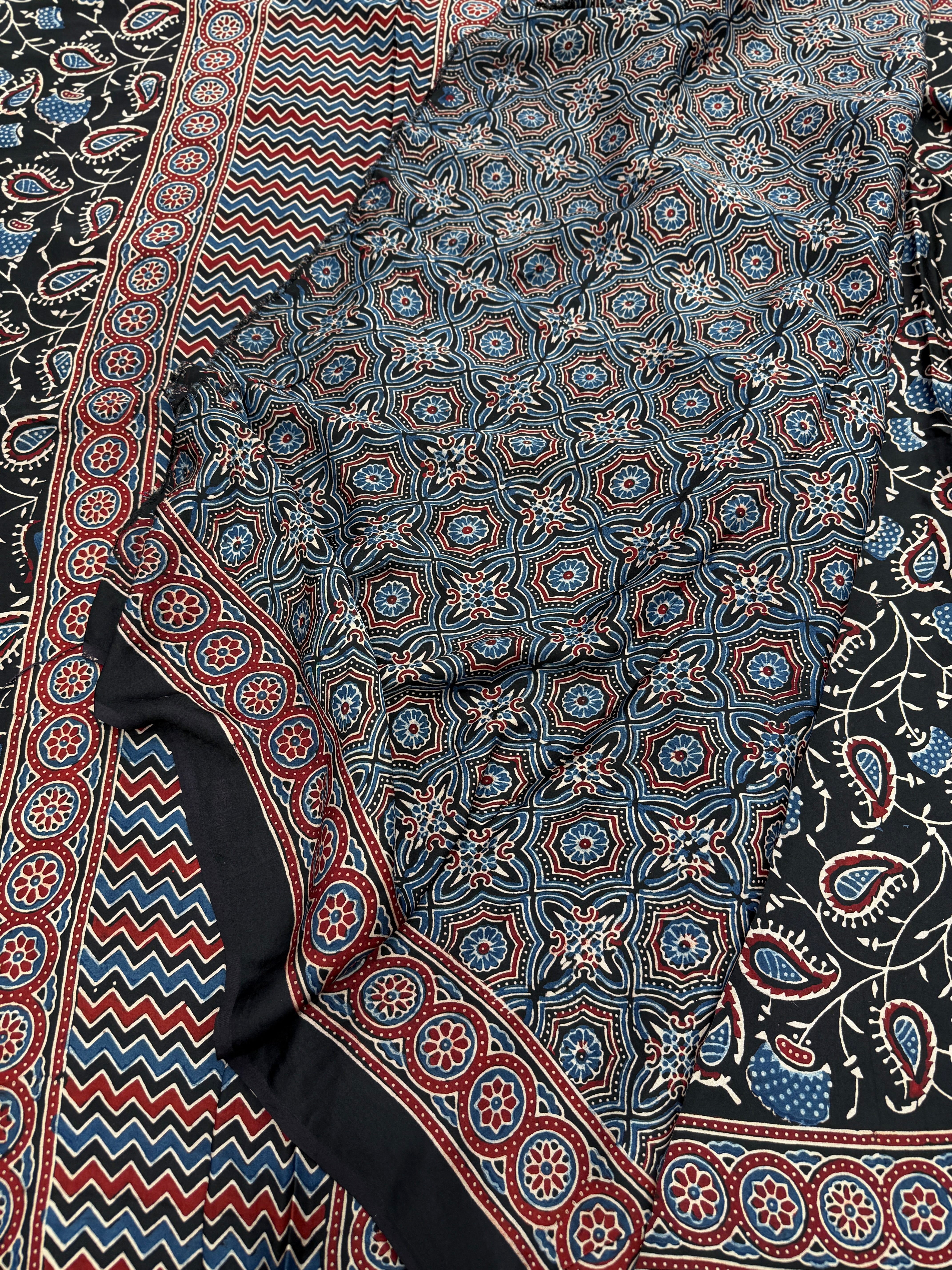 Black Jaal Ajrakh Hand Block Print Pure Gajji Silk Saree