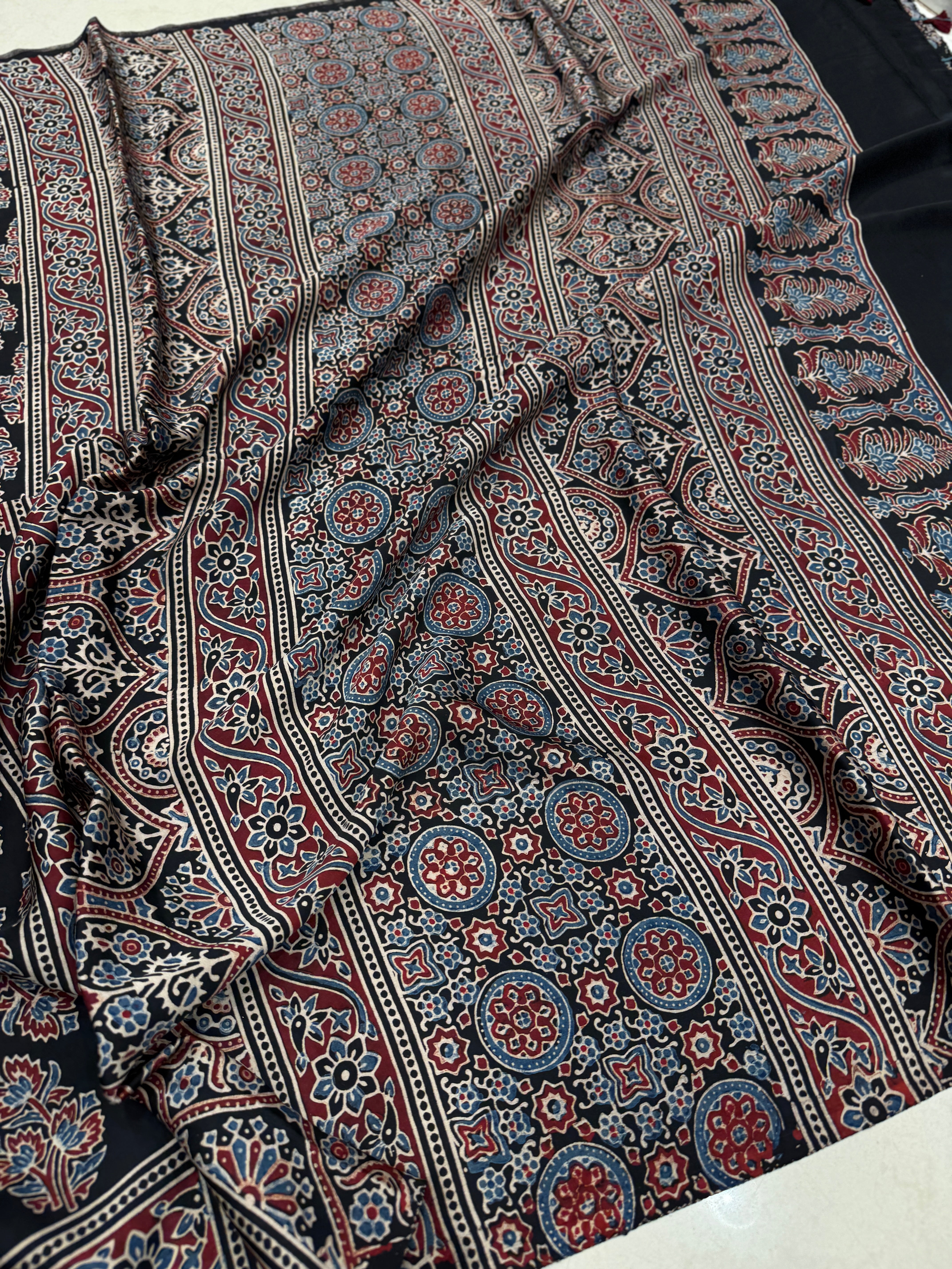 Black Tree Buttas Hand Block Print Ajrkah Pure Gajji Silk Saree