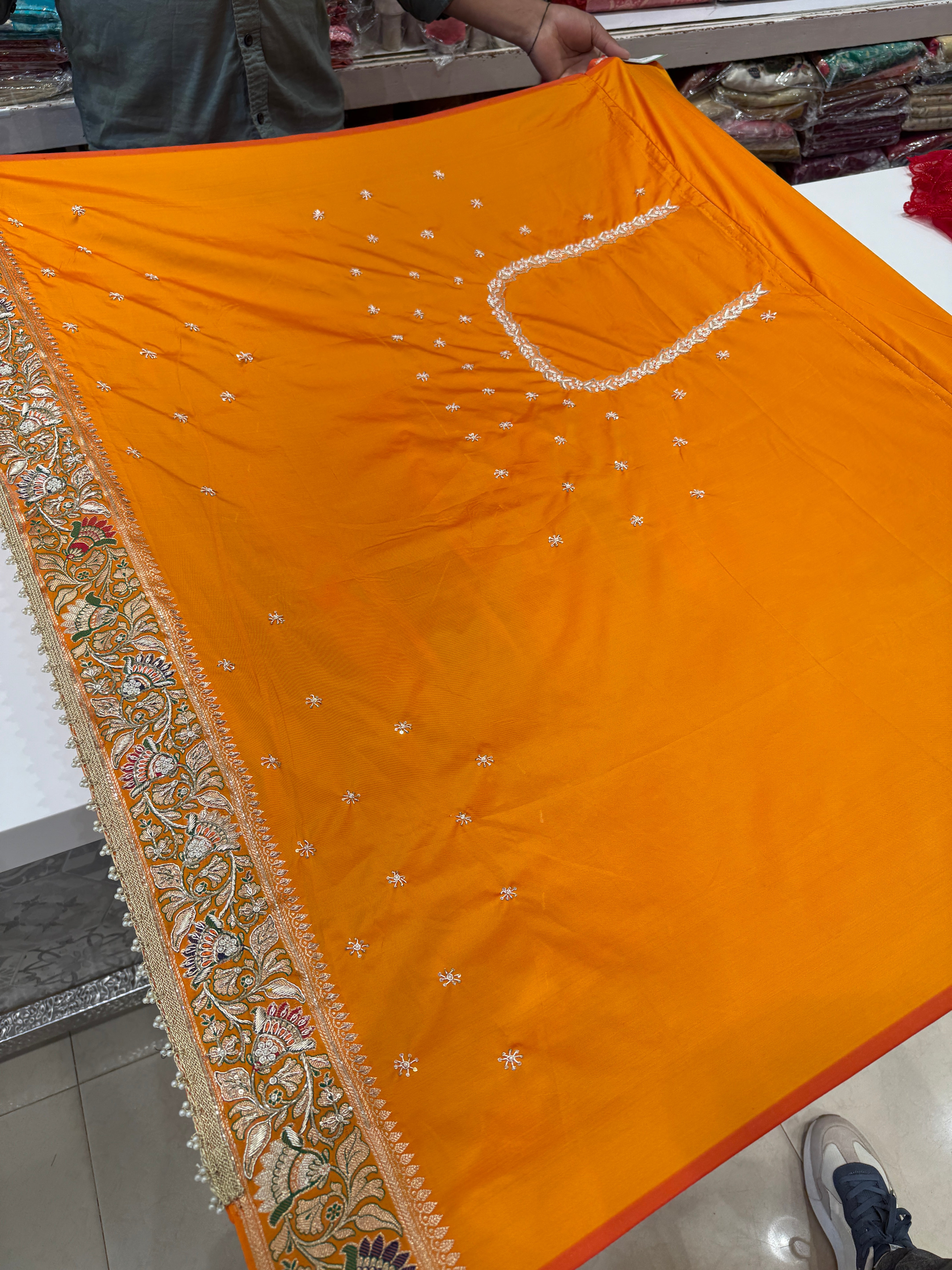 Orange Meenakari Banarasi Zardosi Hand Embroidery Saree