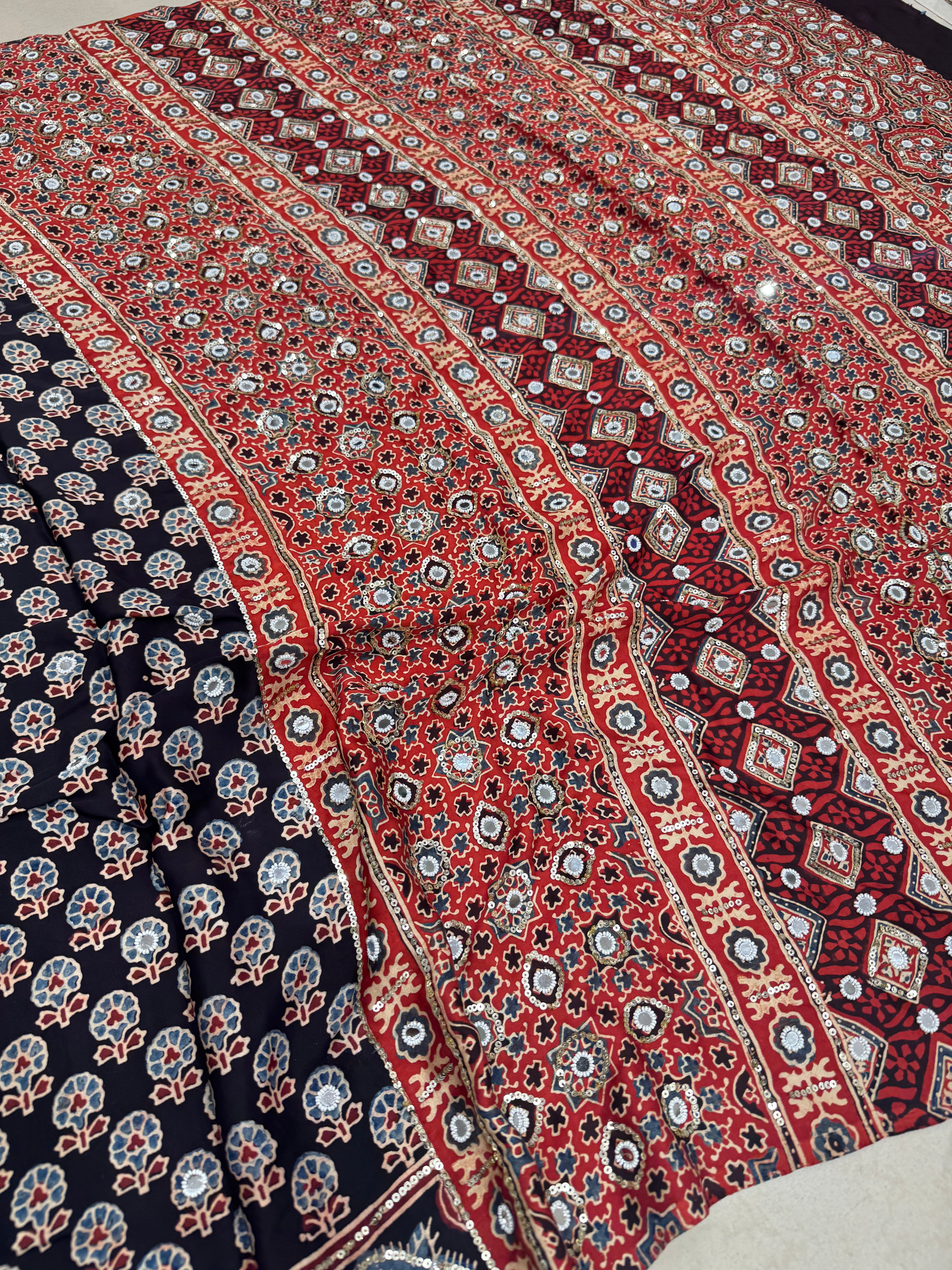 Black Red Ajrakh Real Mirror Moti Sequin Hand Embroidery Saree