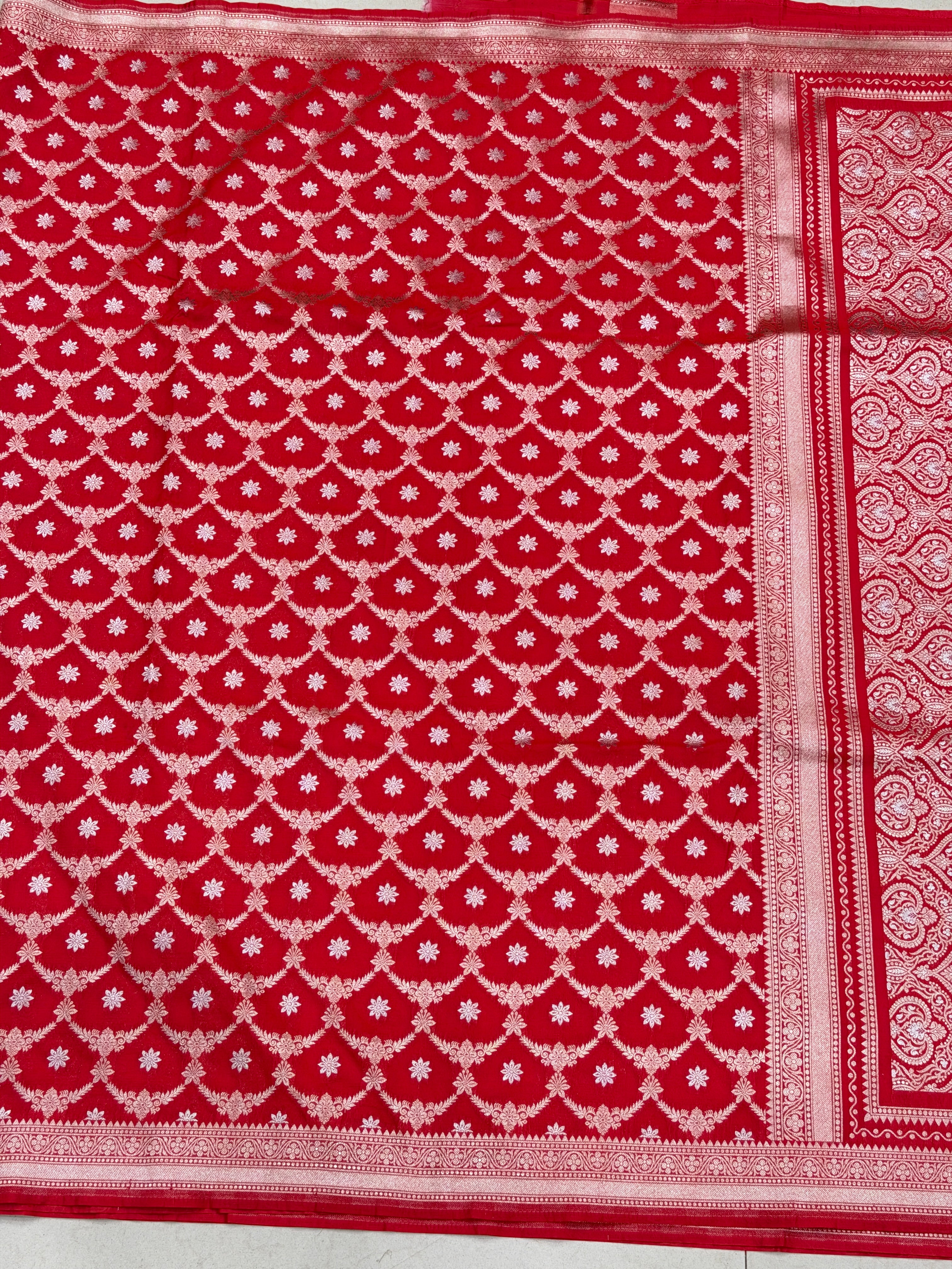 Red Silver Zari Banarasi Silk Jaal Saree