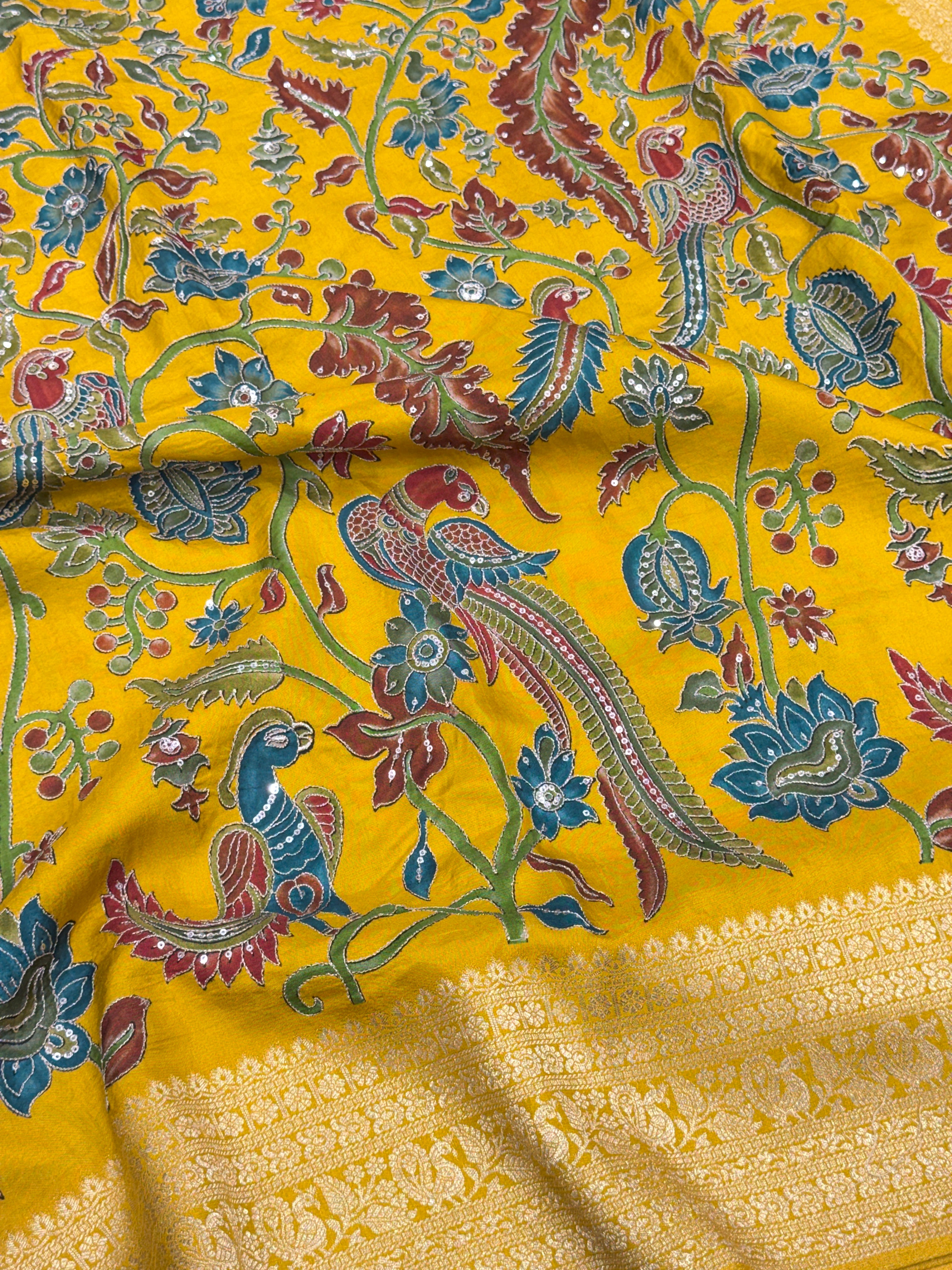 Yellow Kalamkari Weave Banarasi Munga Pita Embroidery Saree