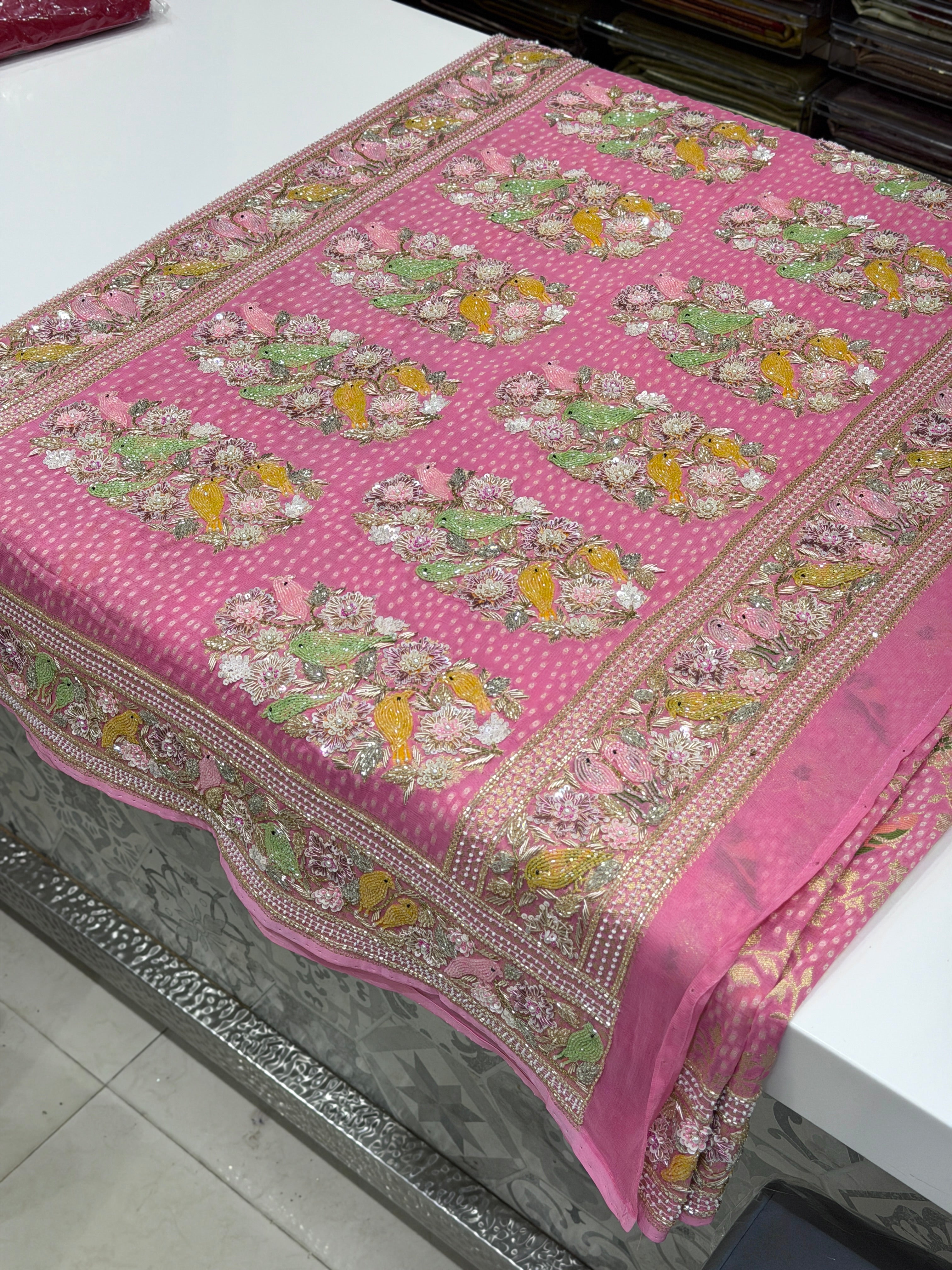 Pink Weaved Bandhej Parrot Motifs Georgette Moti Zardodi Hand Embroidery Saree
