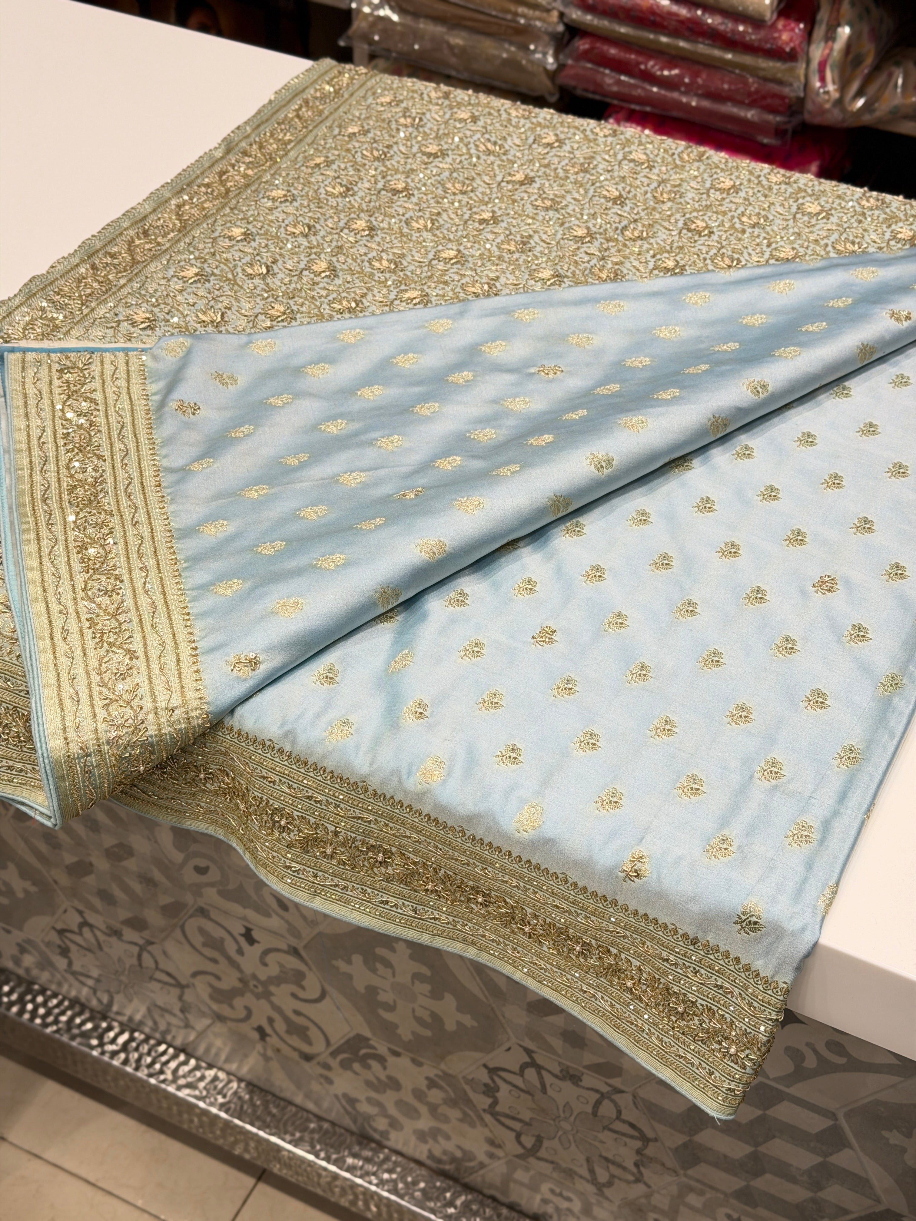 Light Blue Banarasi Buttis Zardosi Chain Hand Embroidery Saree
