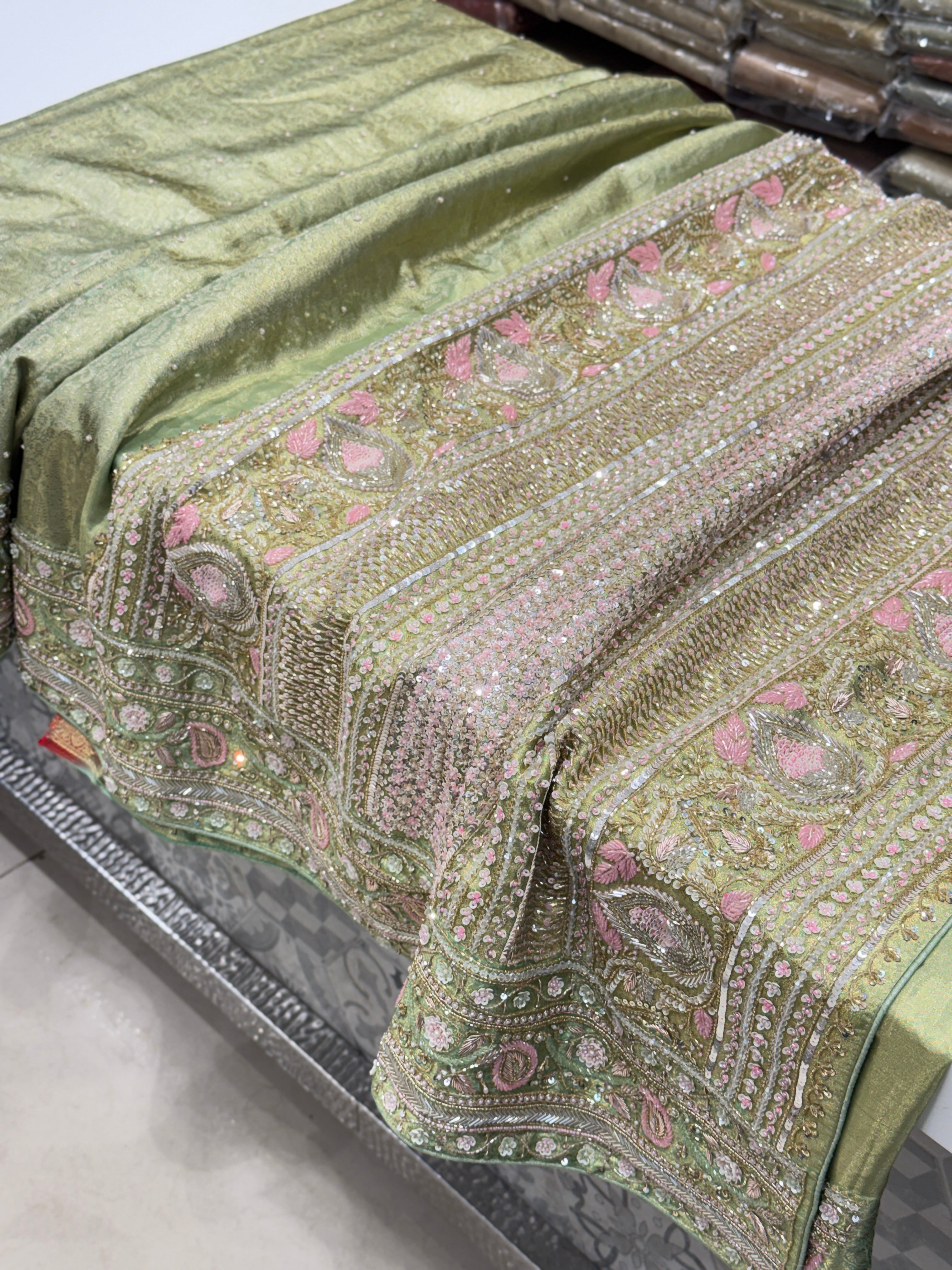 Pista Green Tissue Kanjivaram Hand Embroidery Saree