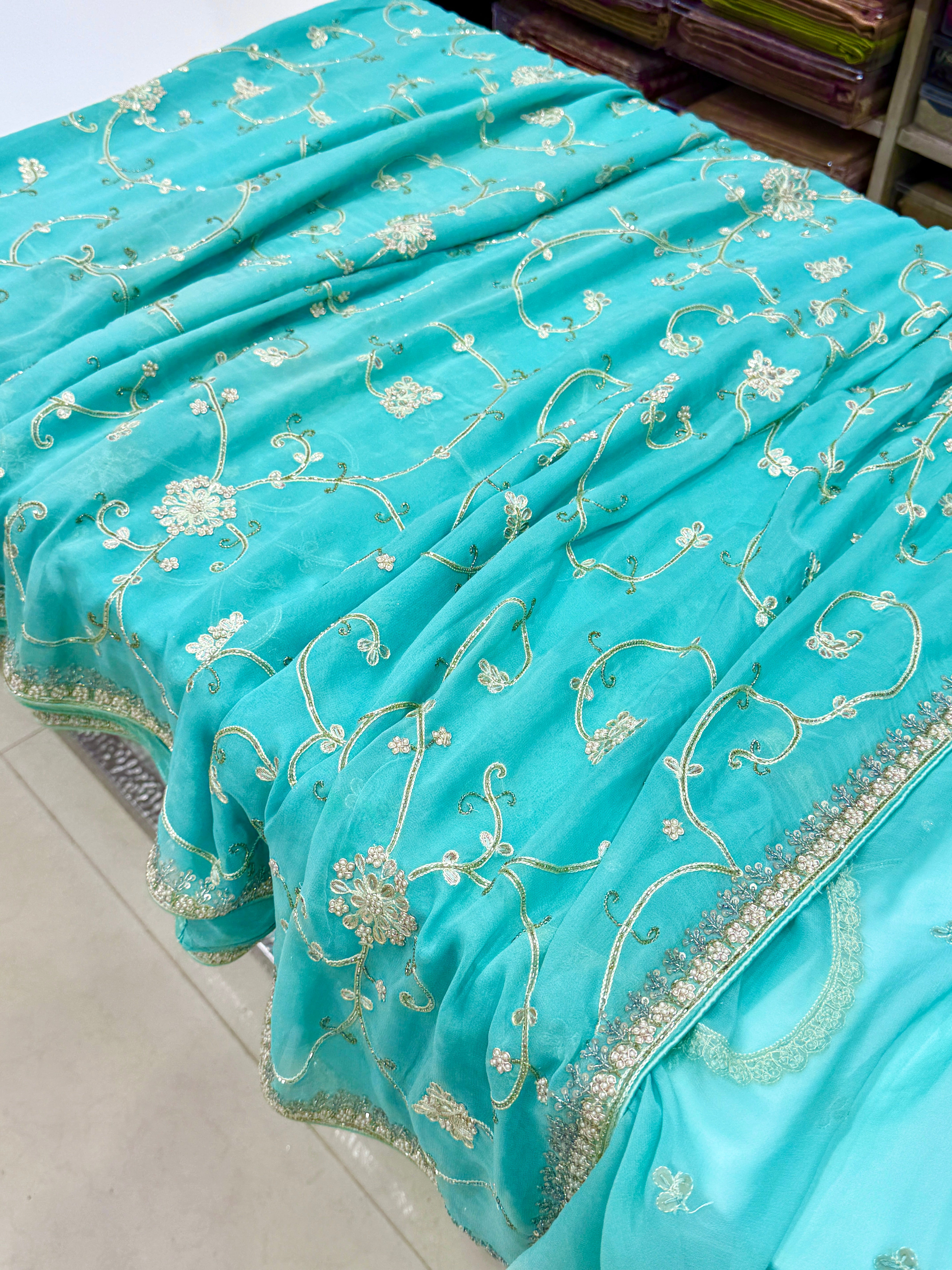 Sea Blue Georgette Gotapatti Jaal Saree