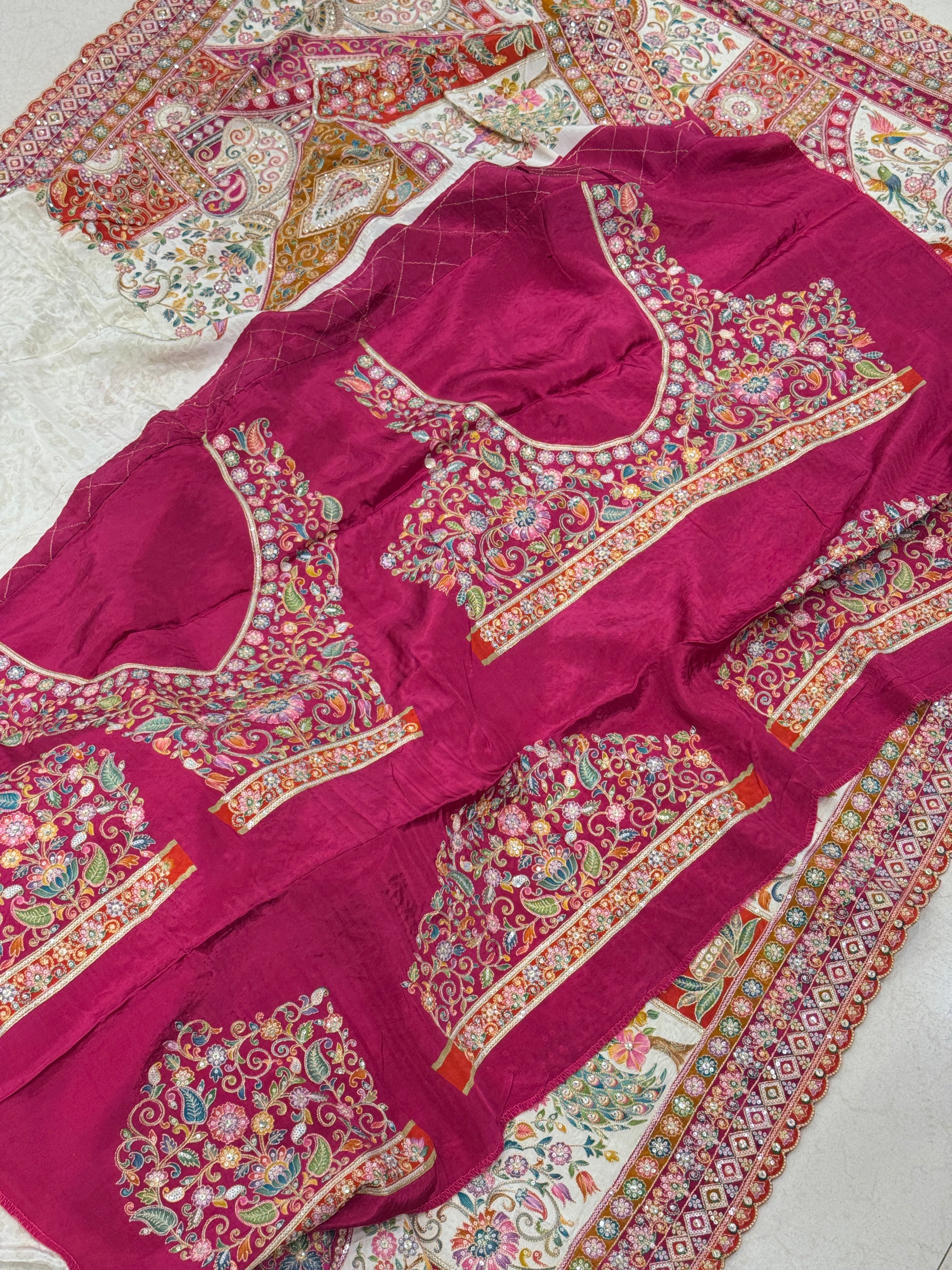 Beige Meenakari Crepe Banarasi Pita Embroidery Saree