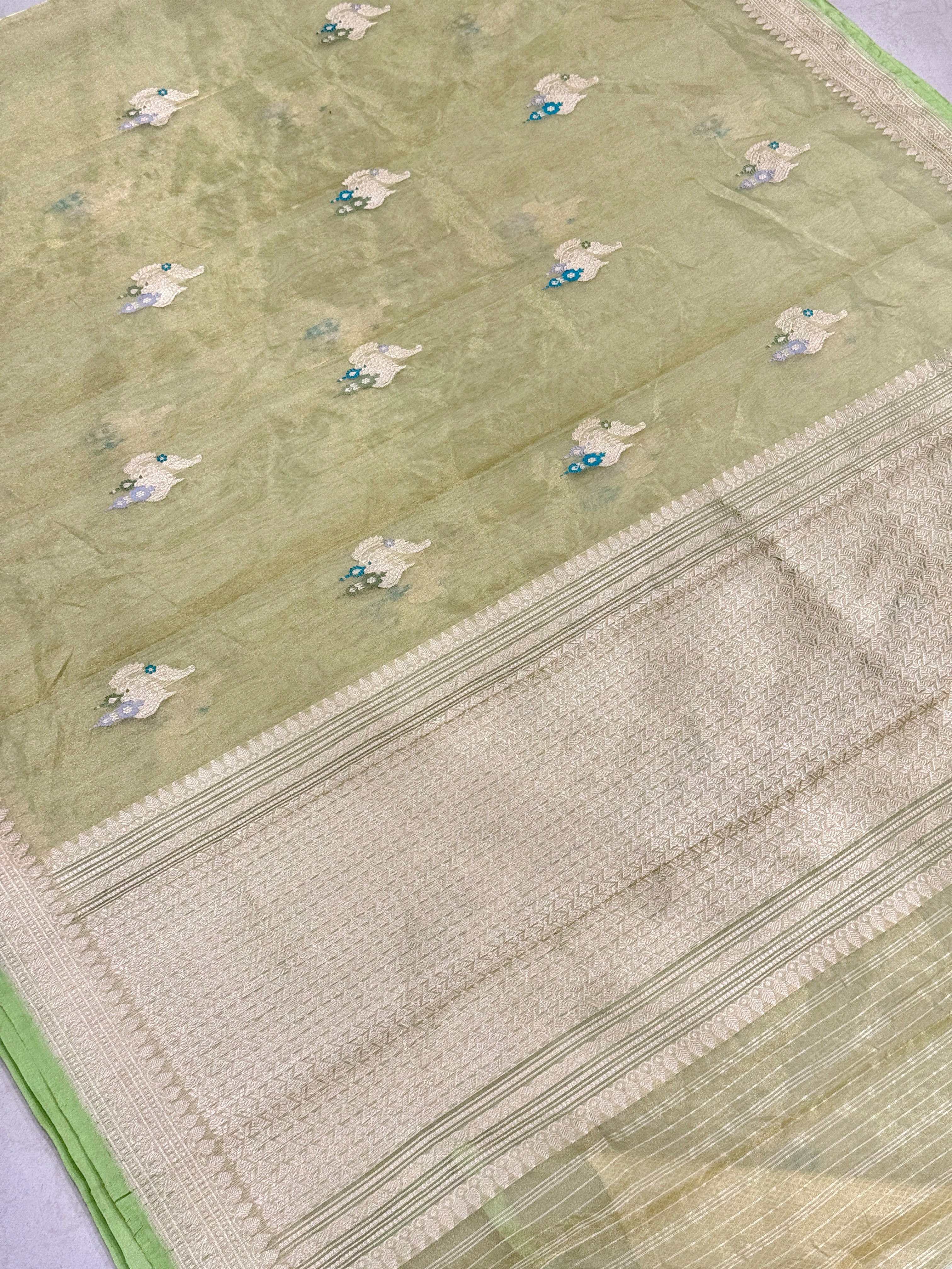 Pista Green Handloom Meenakari Banarasi Tissue Kadwa Saree