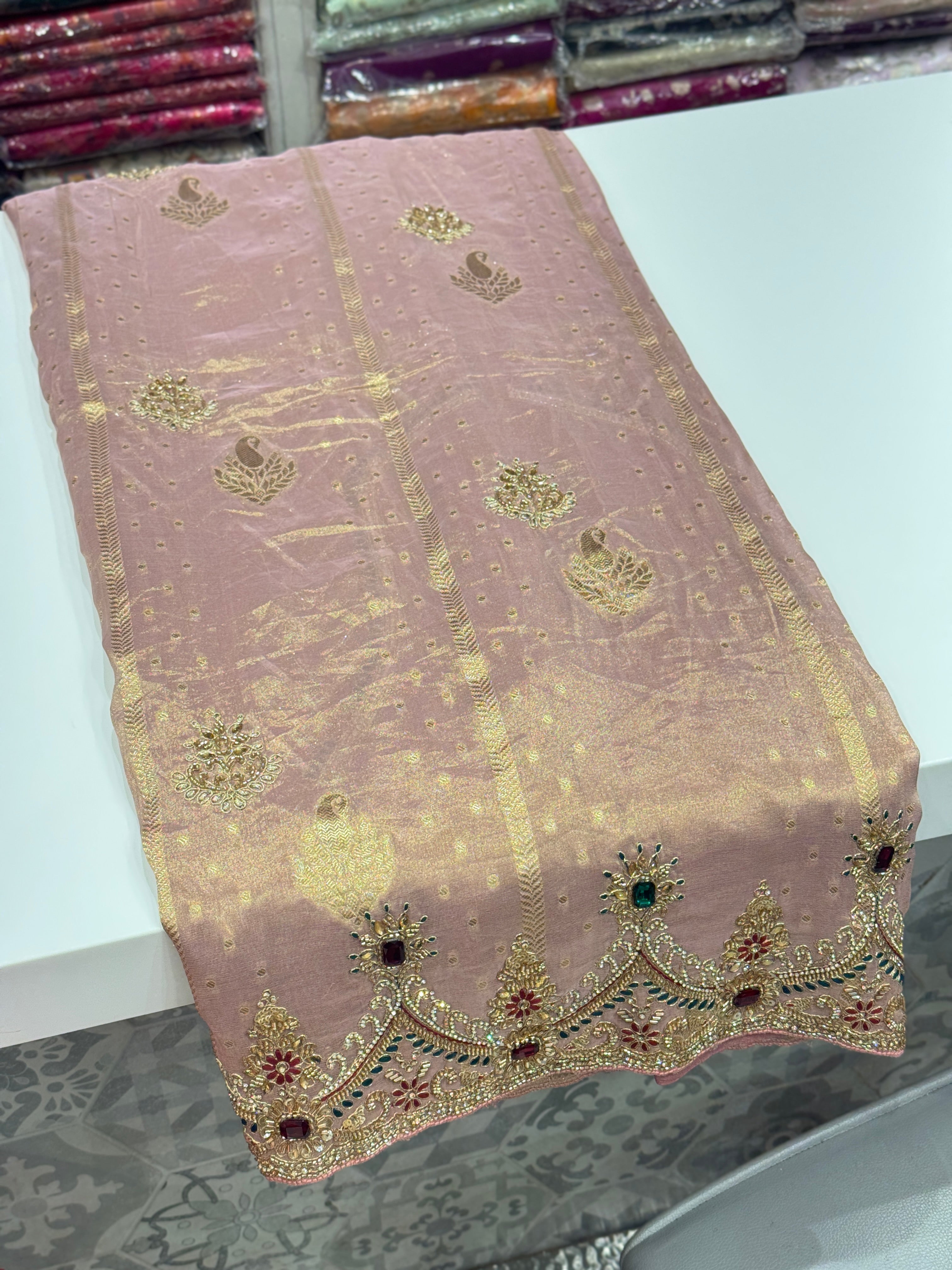 Pink Weaved Golden Silver Soft Tissue Pita Crystal Scallop Embroidery Saree