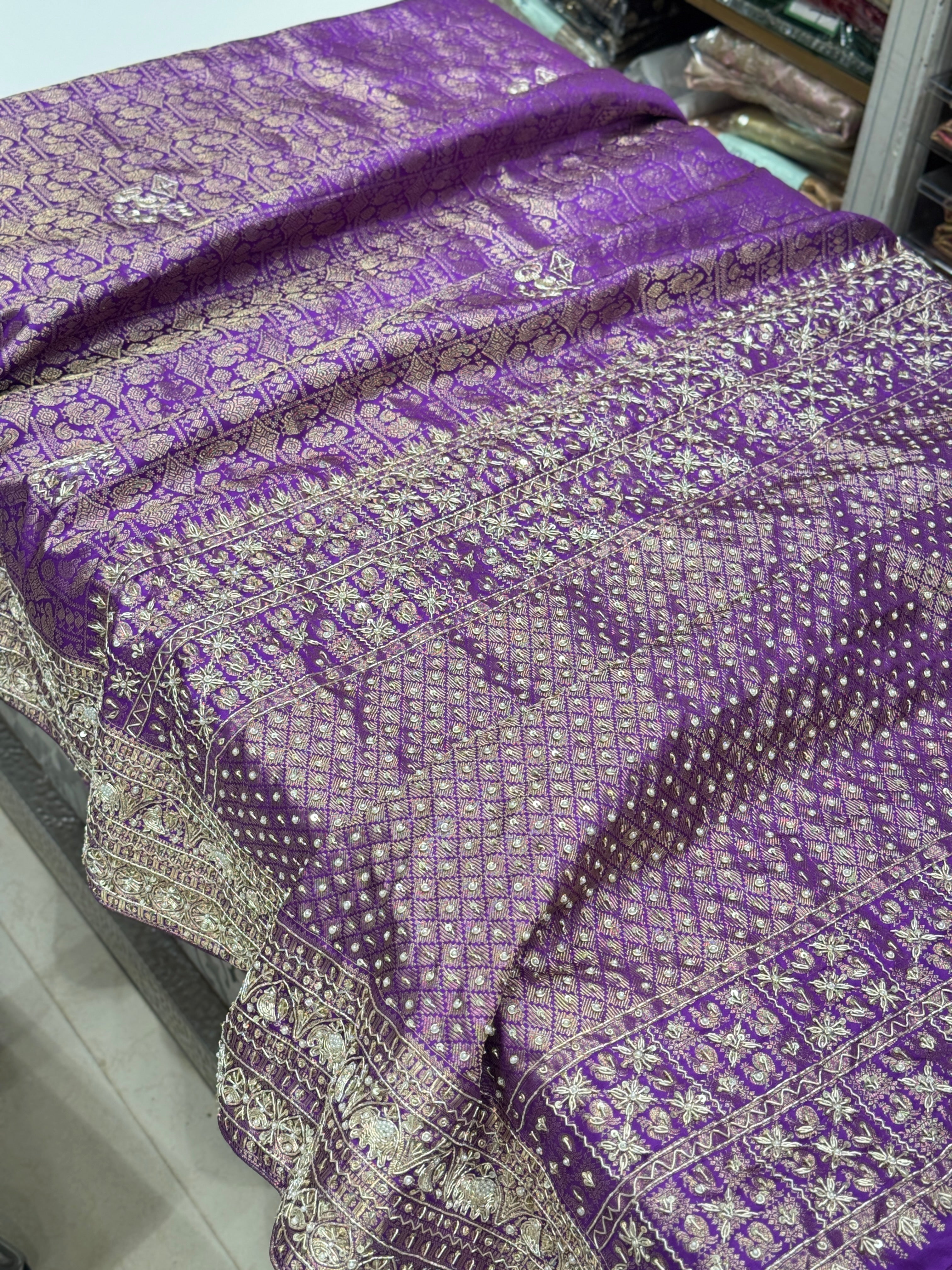 Violet Kanjivaram Peacock Motif Zardozi Hand Embroidery Saree