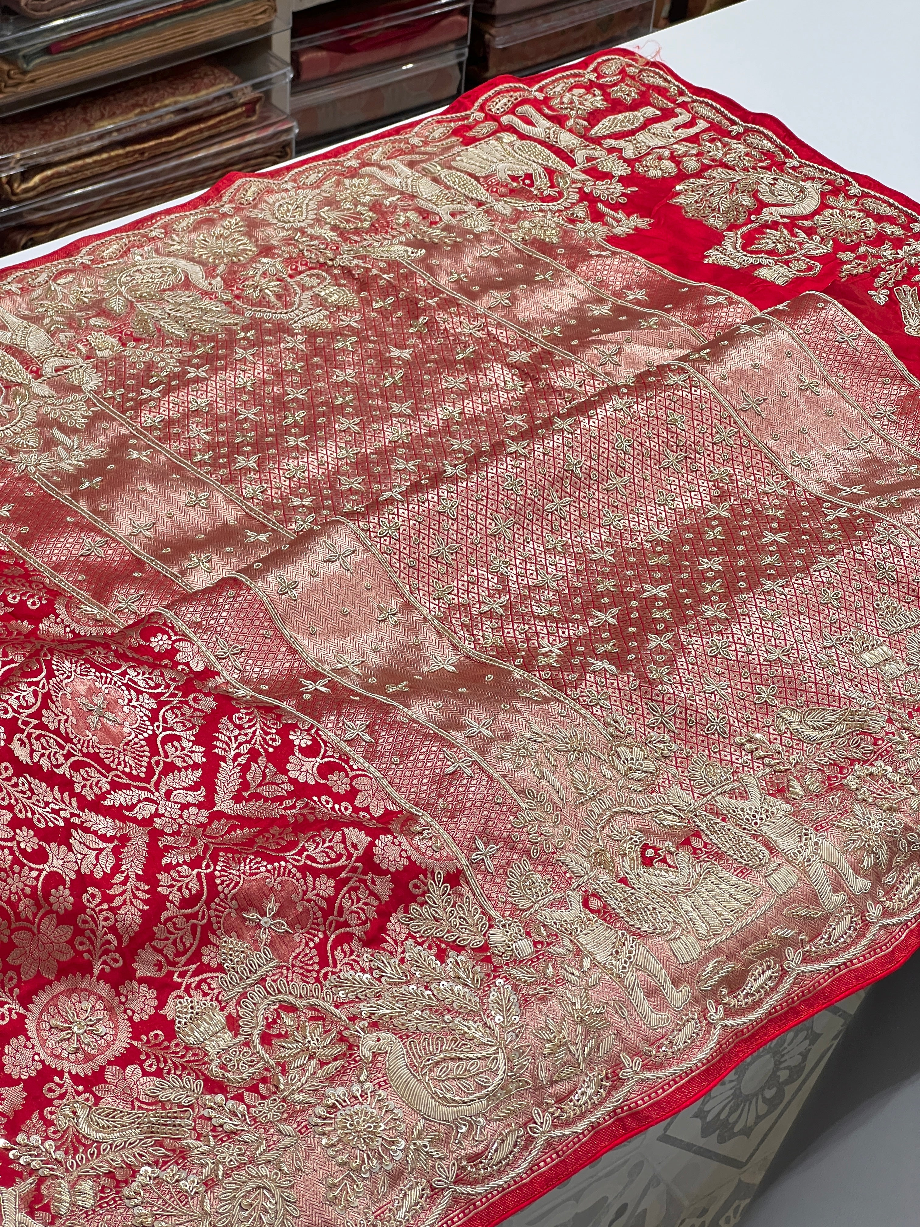 Red Banarasi Katan Doli Edit Zardosi Saree