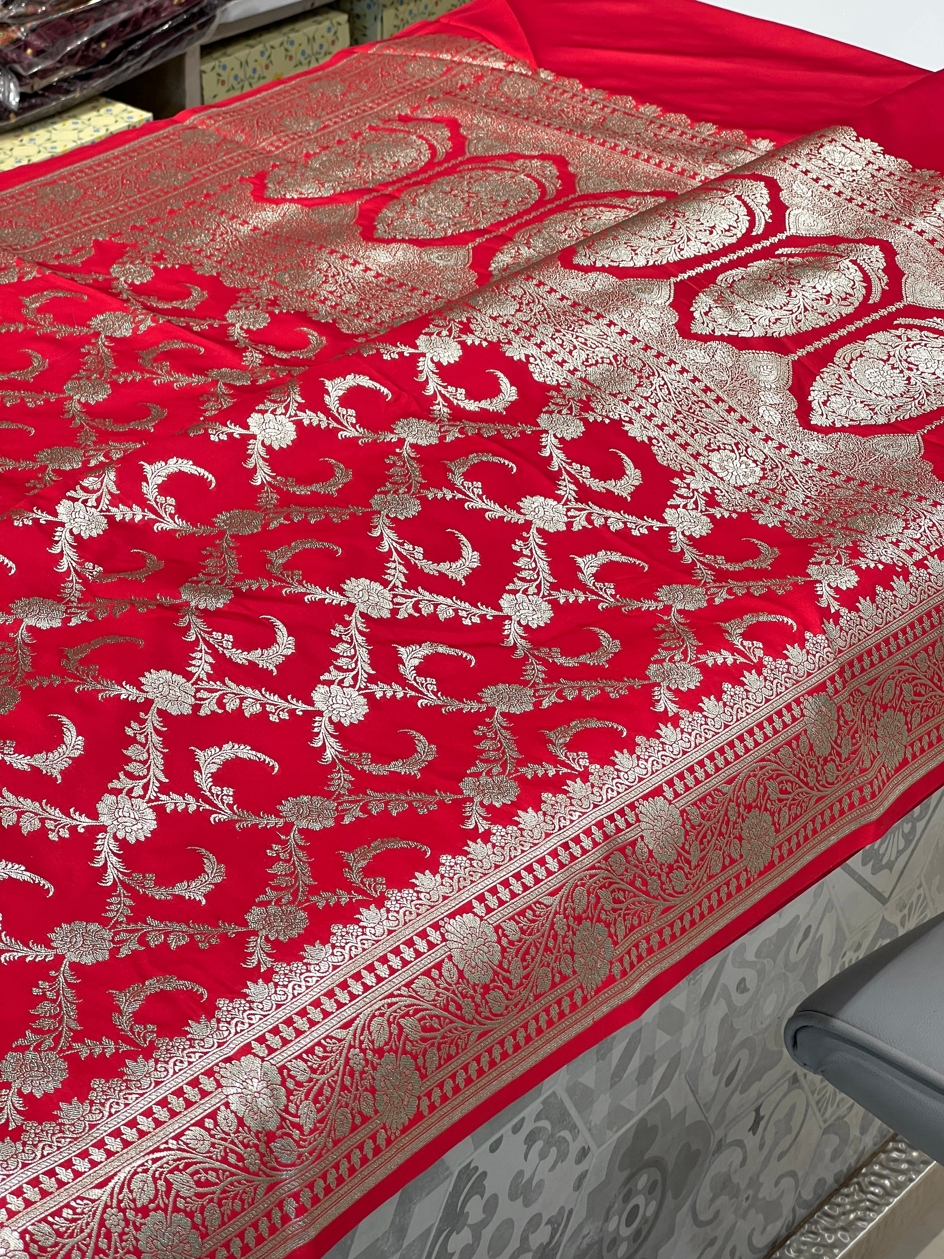 Red Banarasi Silk Sliver Jaal Saree