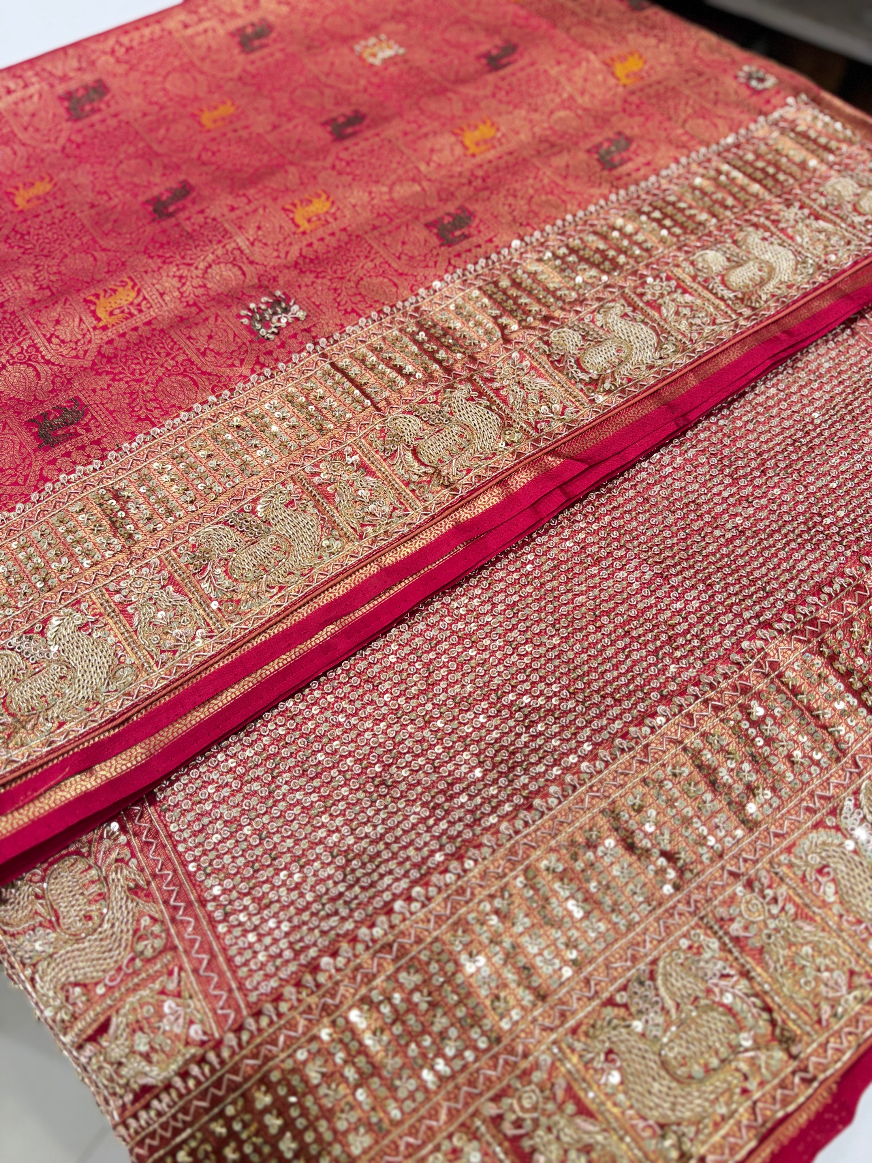 Rani Pink Peacock Motif Meenakari Hand Embroidery Zardosi Saree