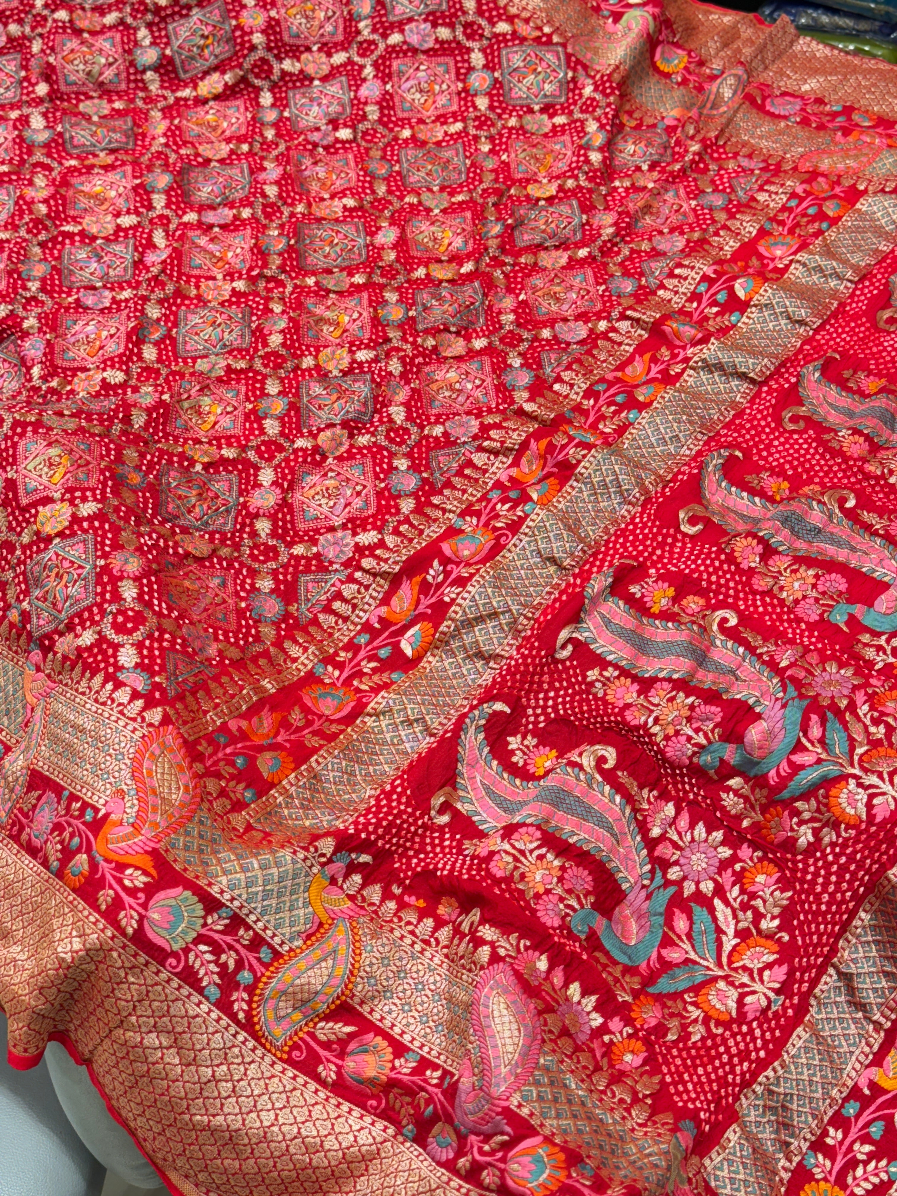 Red Meenakari Handmade Bandhej Saree