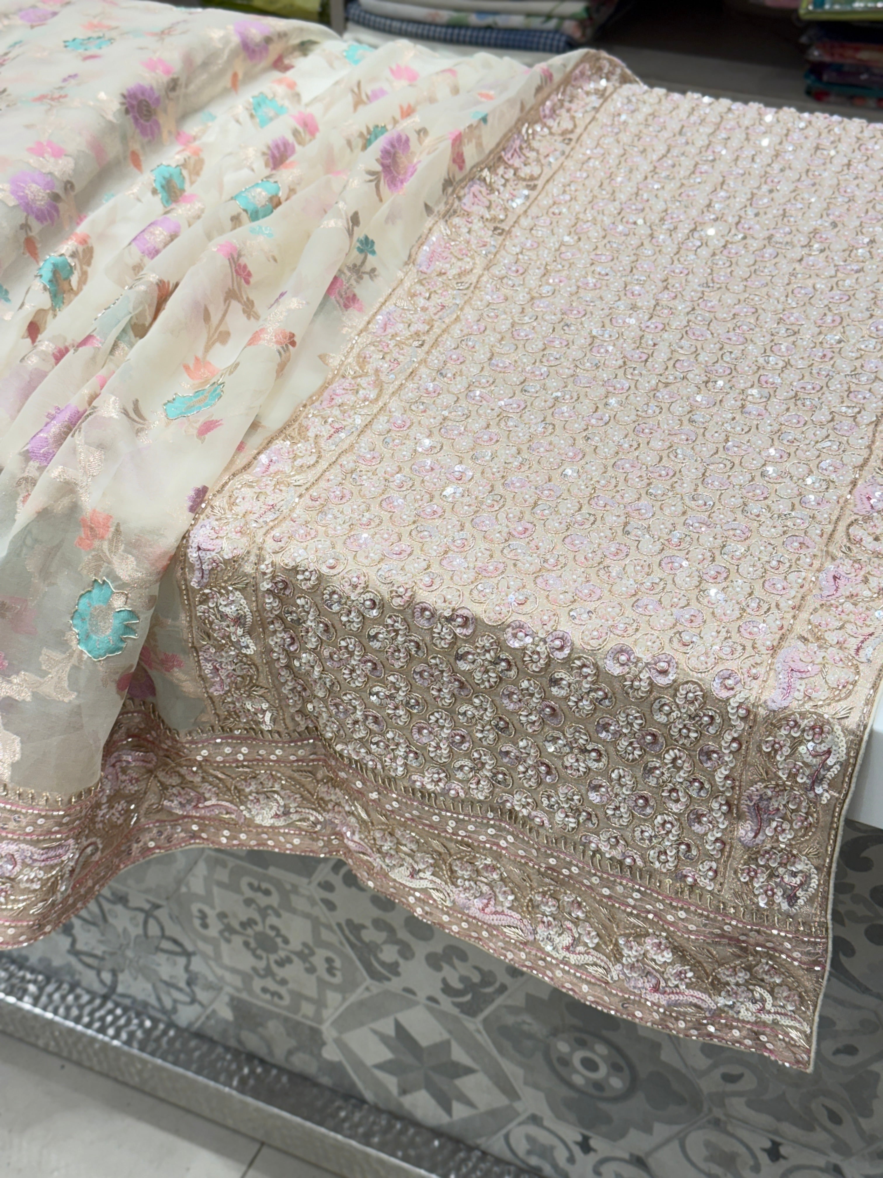 Beige Meenakari Banarasi Kora Sequin Zardosi Hand Embroidery Saree