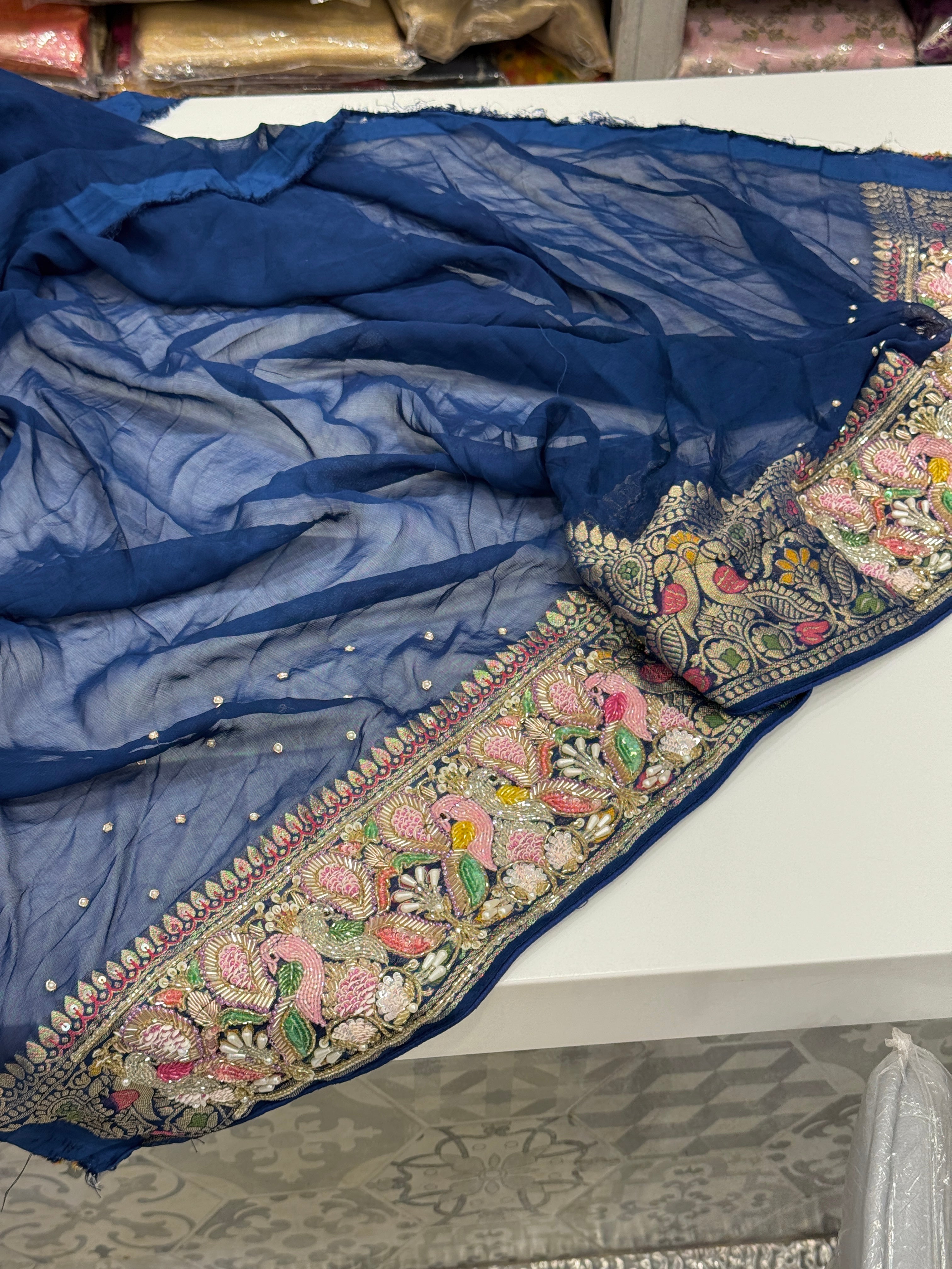 Shaded Blue Gharchola Moti Sequin Zardosi Hand Embroidery Georgette Saree