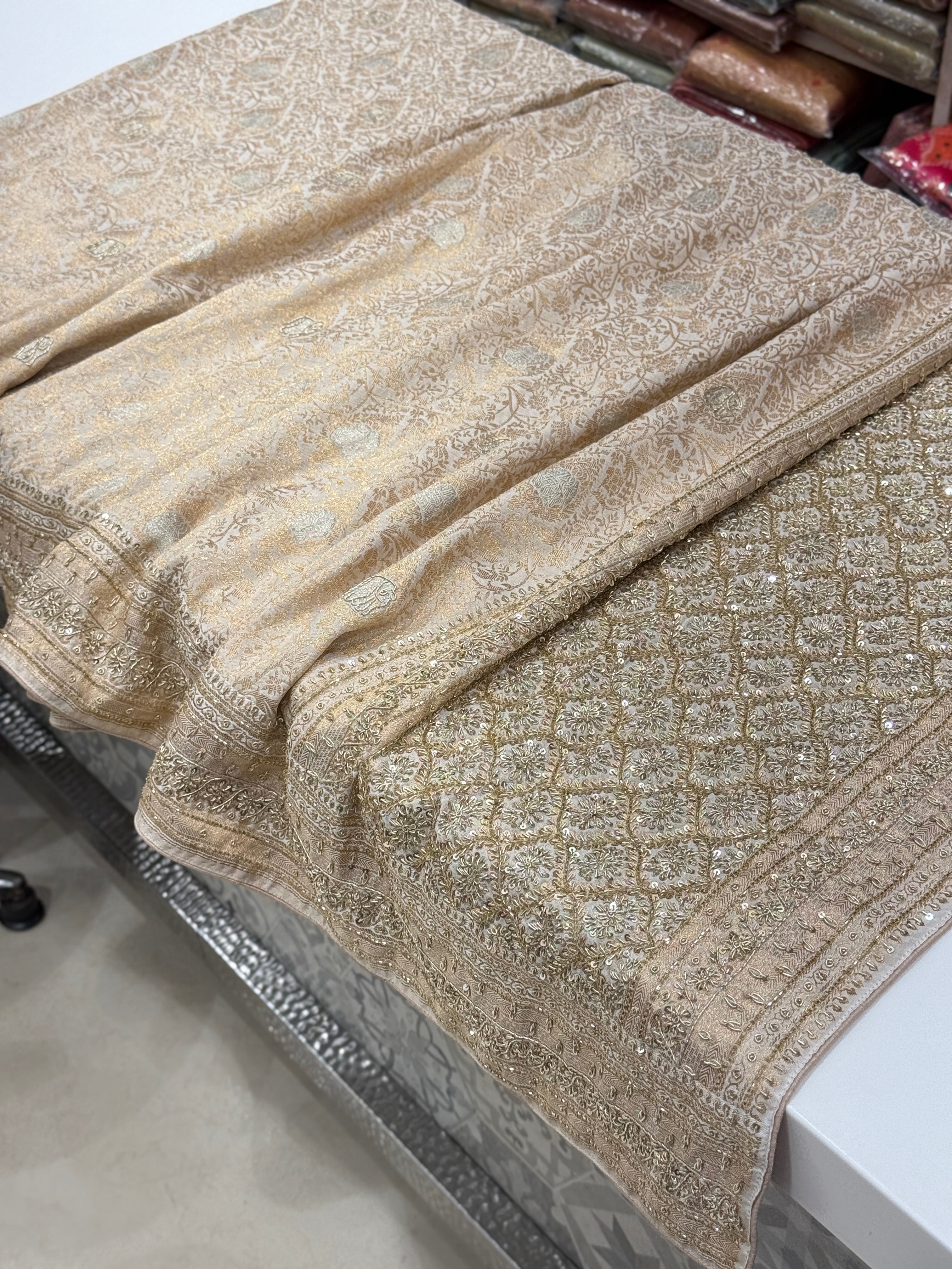 Beige Banarasi Crepe Tissue Zardosi Hand Embroidery Saree Elephant amotif