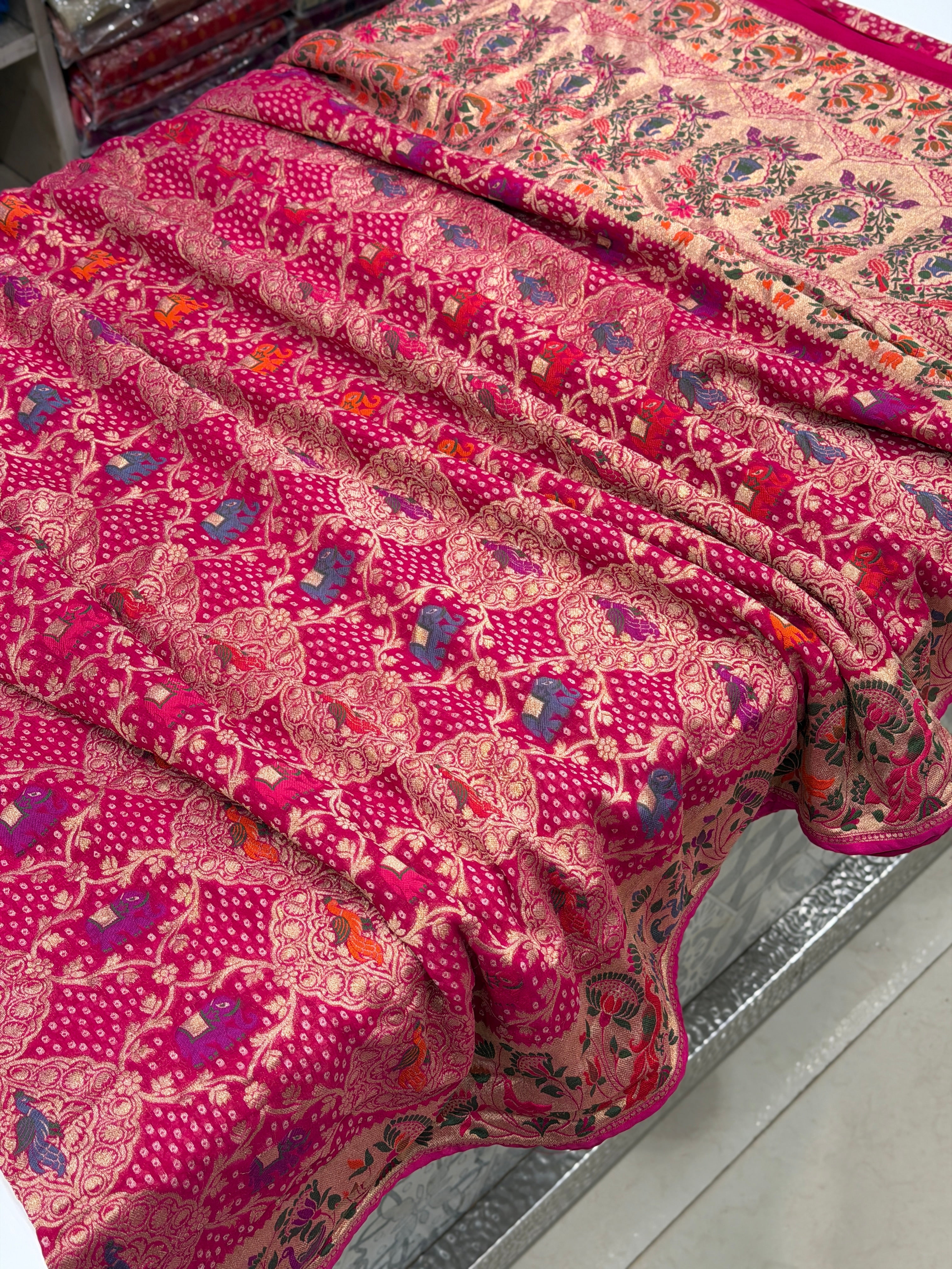 Rani Woven Bandhej Meenakari Peacock Parrot Motif Saree
