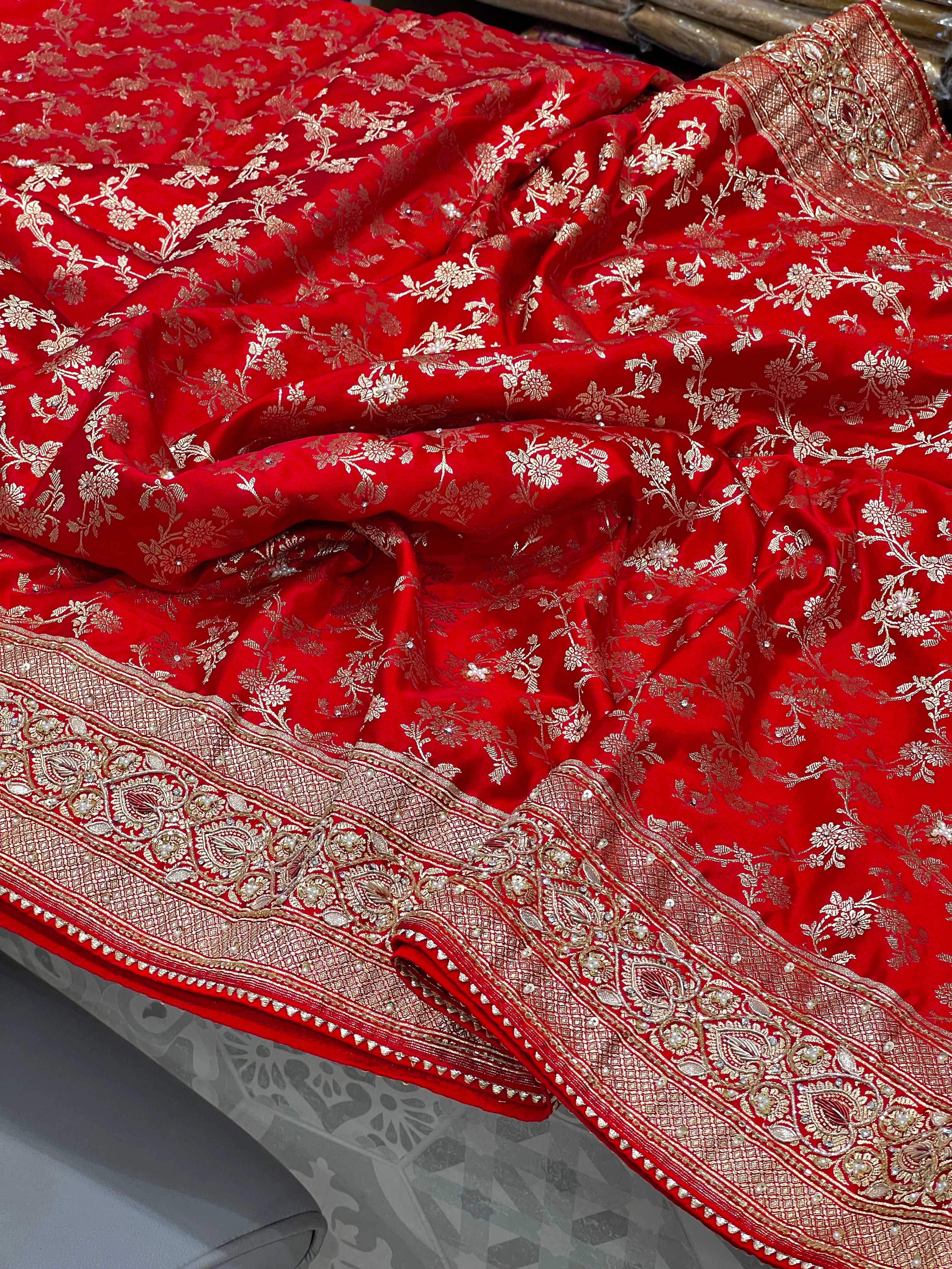 Red Banarasi Silk Jaal Zardosi Hand Embroidery Saree