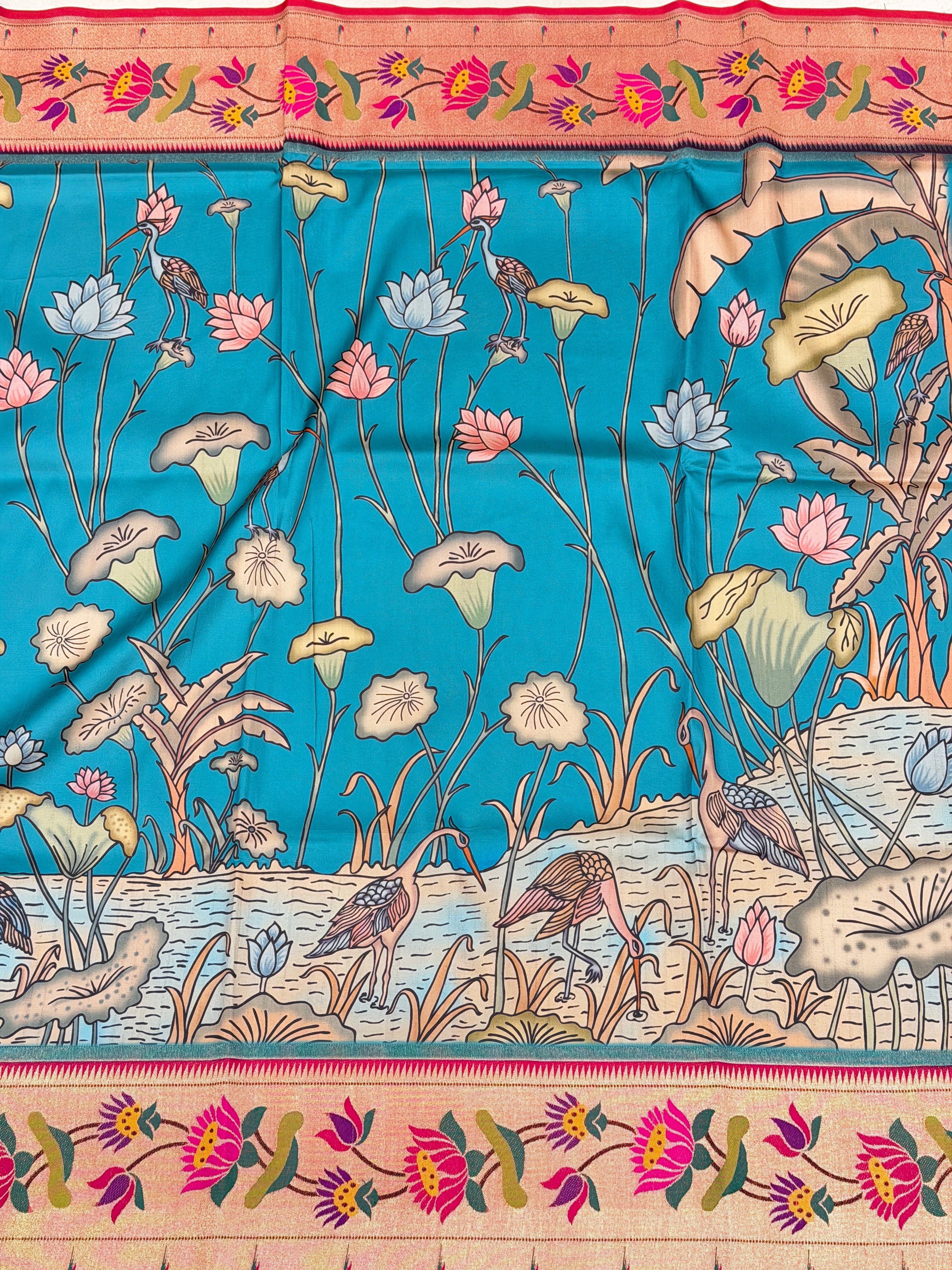 Blue Kalamkari Print Paithani Weaved Soft Silk Saree