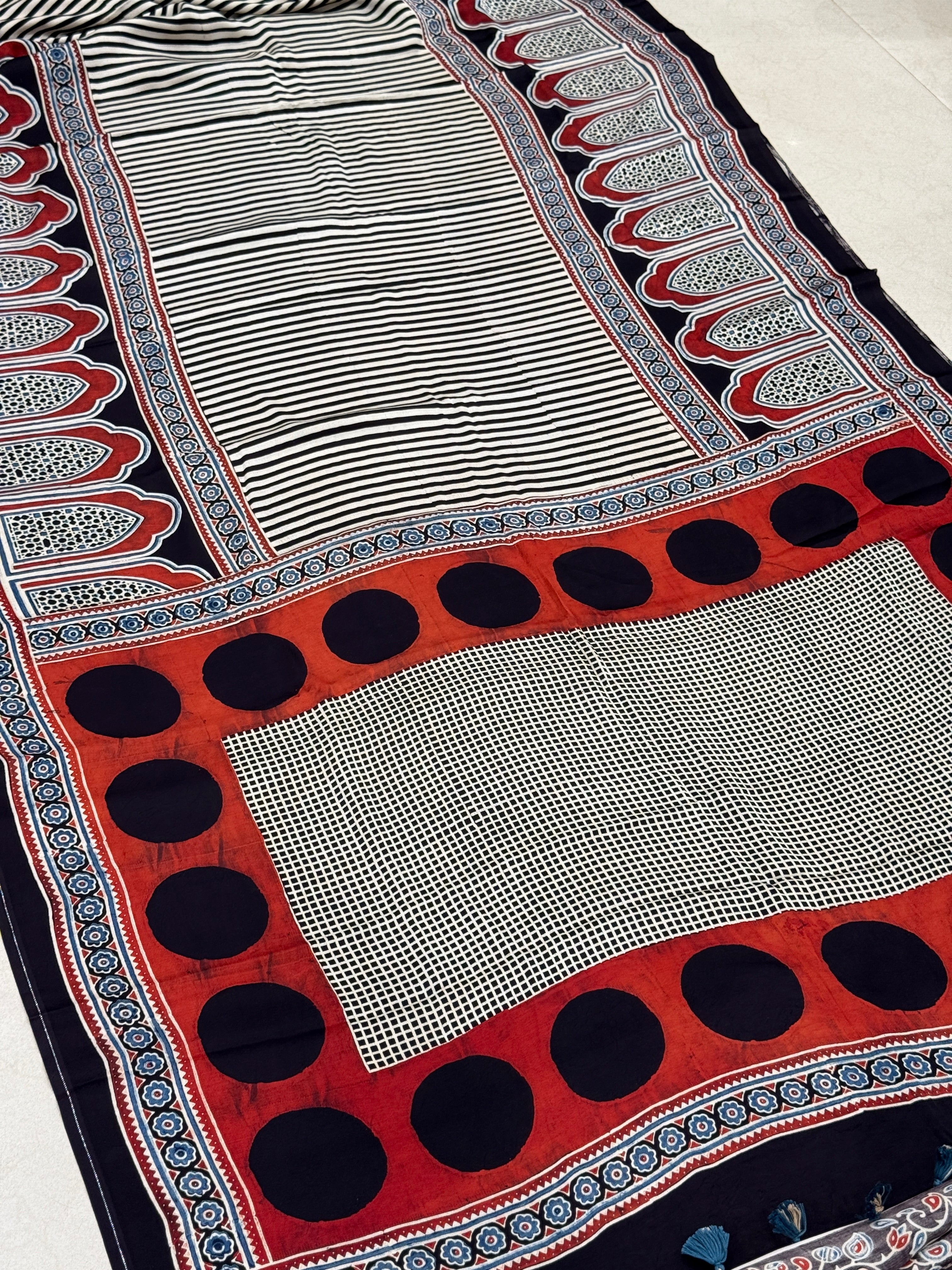 Black and White Contemporary Lines Ajrakh Saree