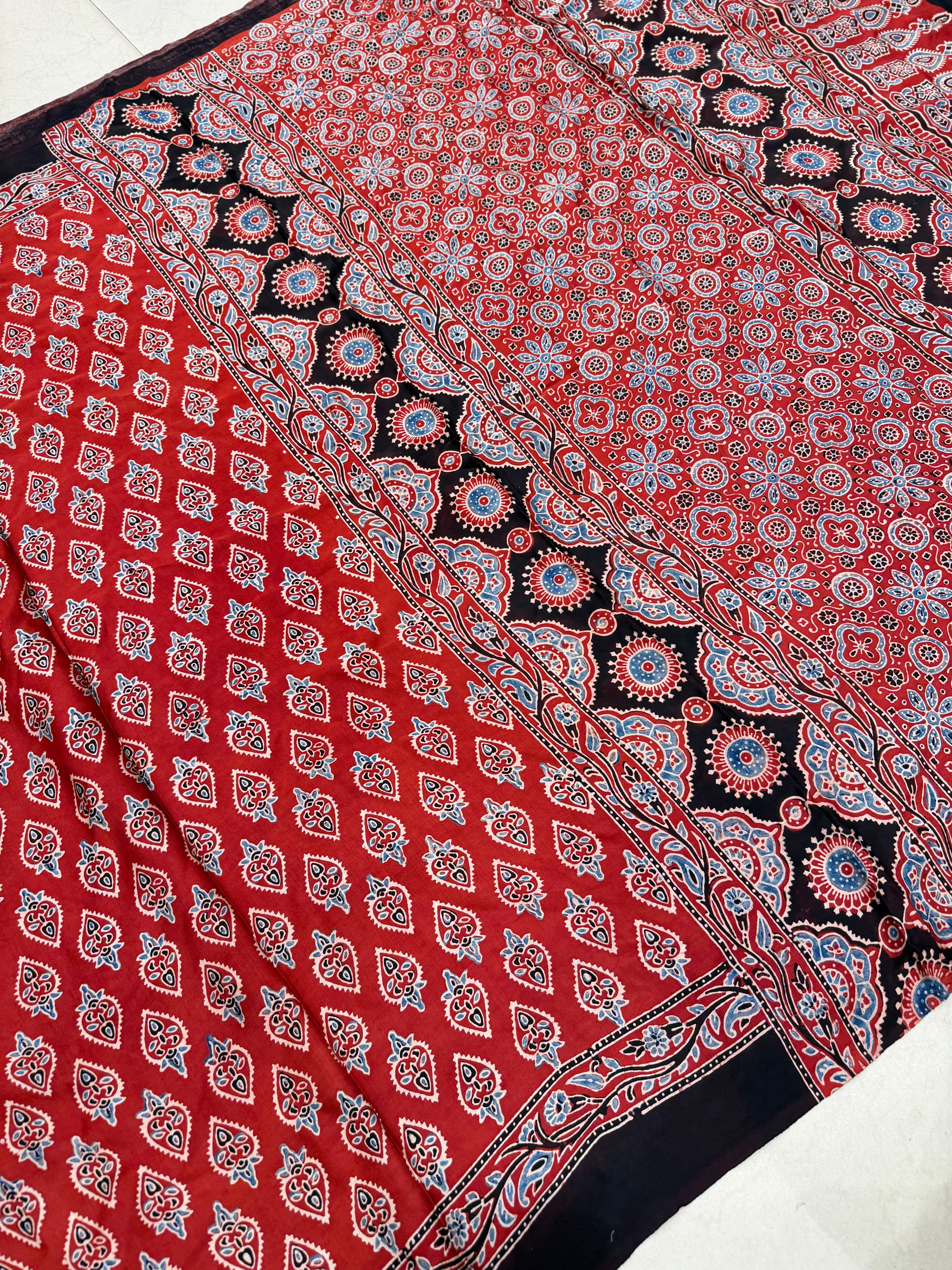 Red Keri Buttis Ajrakh Hand Block Print Pure Gajji Silk Saree