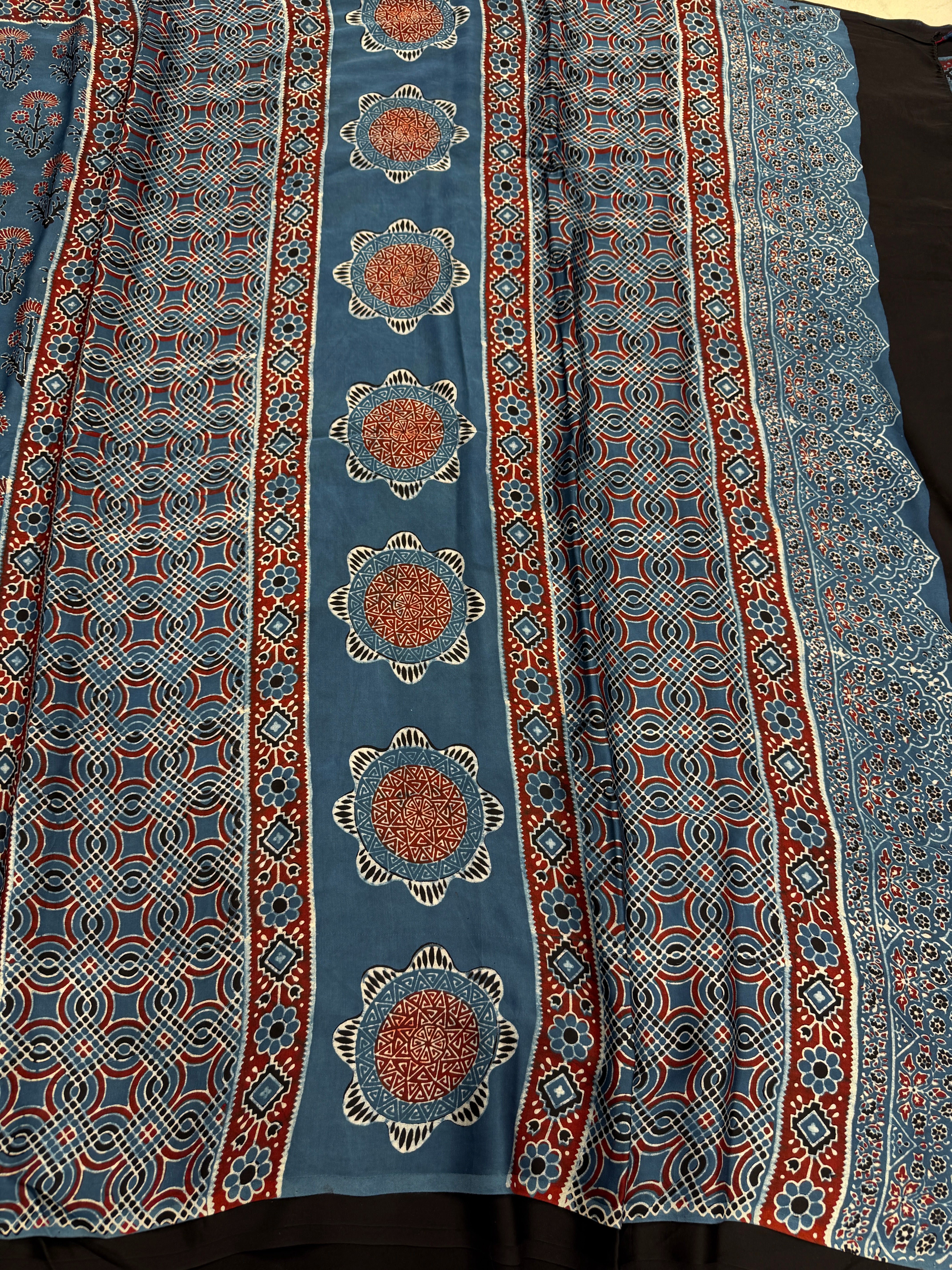 Blue Buttas Ajrakh Hand Block Print Pure Gajji Silk Saree