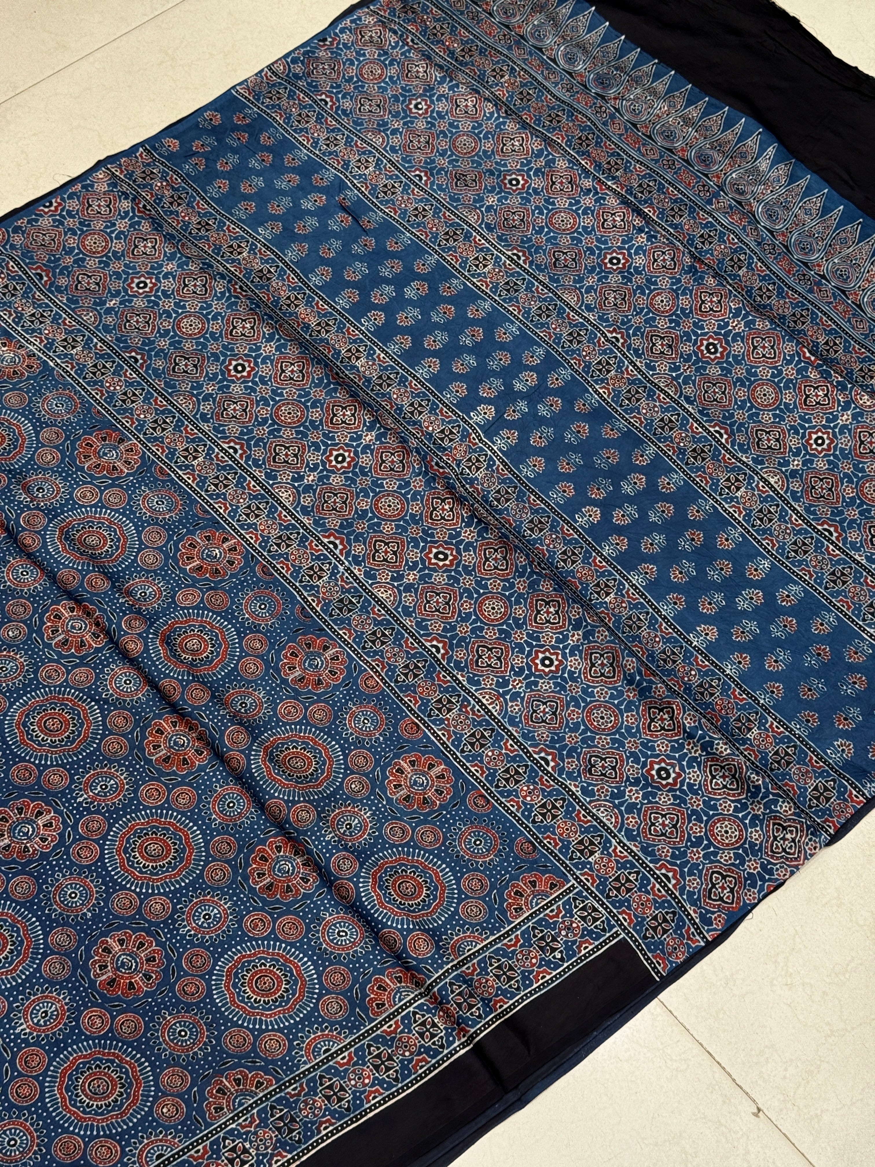 Blue Jewelled Jaal Ajrakh Modal Gajji Silk Saree