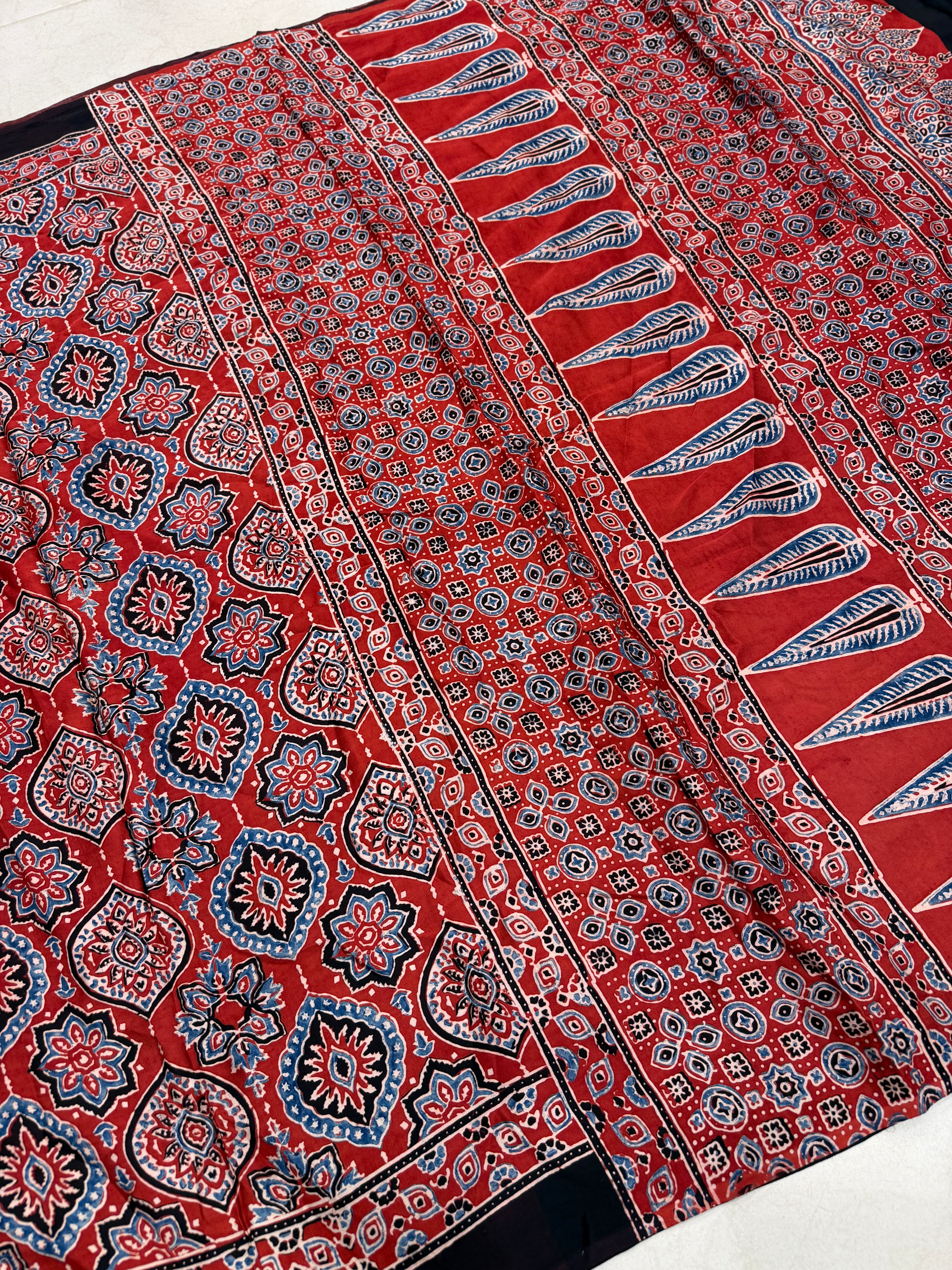 Red Badam Jaal Ajrakh Hand Block Print Pure Gajji Silk Saree
