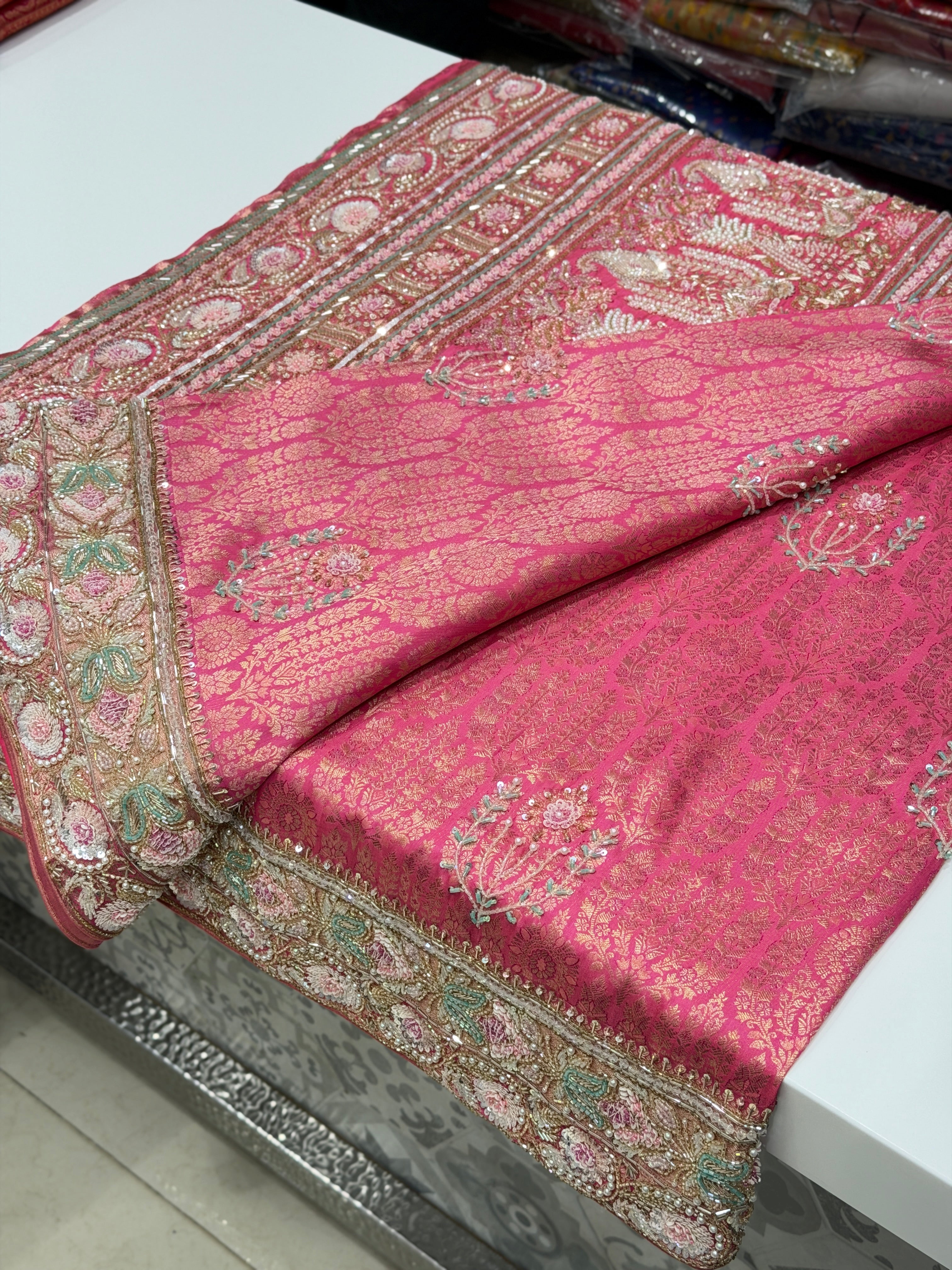Crimson Pink Kanjivaram Moti Zardosi Hand Embroidery Saree