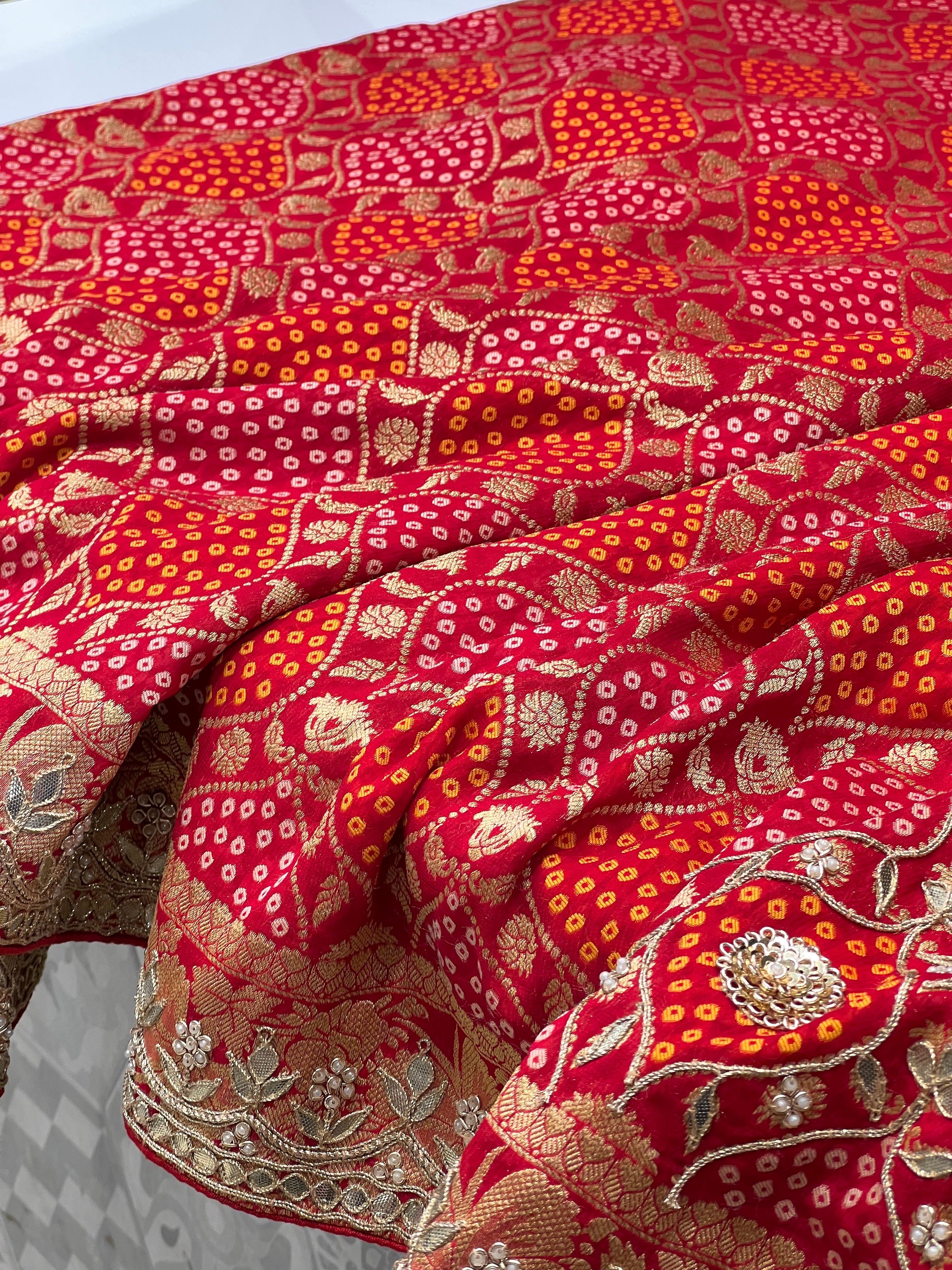 Red Woven Bandhej Half n Half Gotapatti Saree