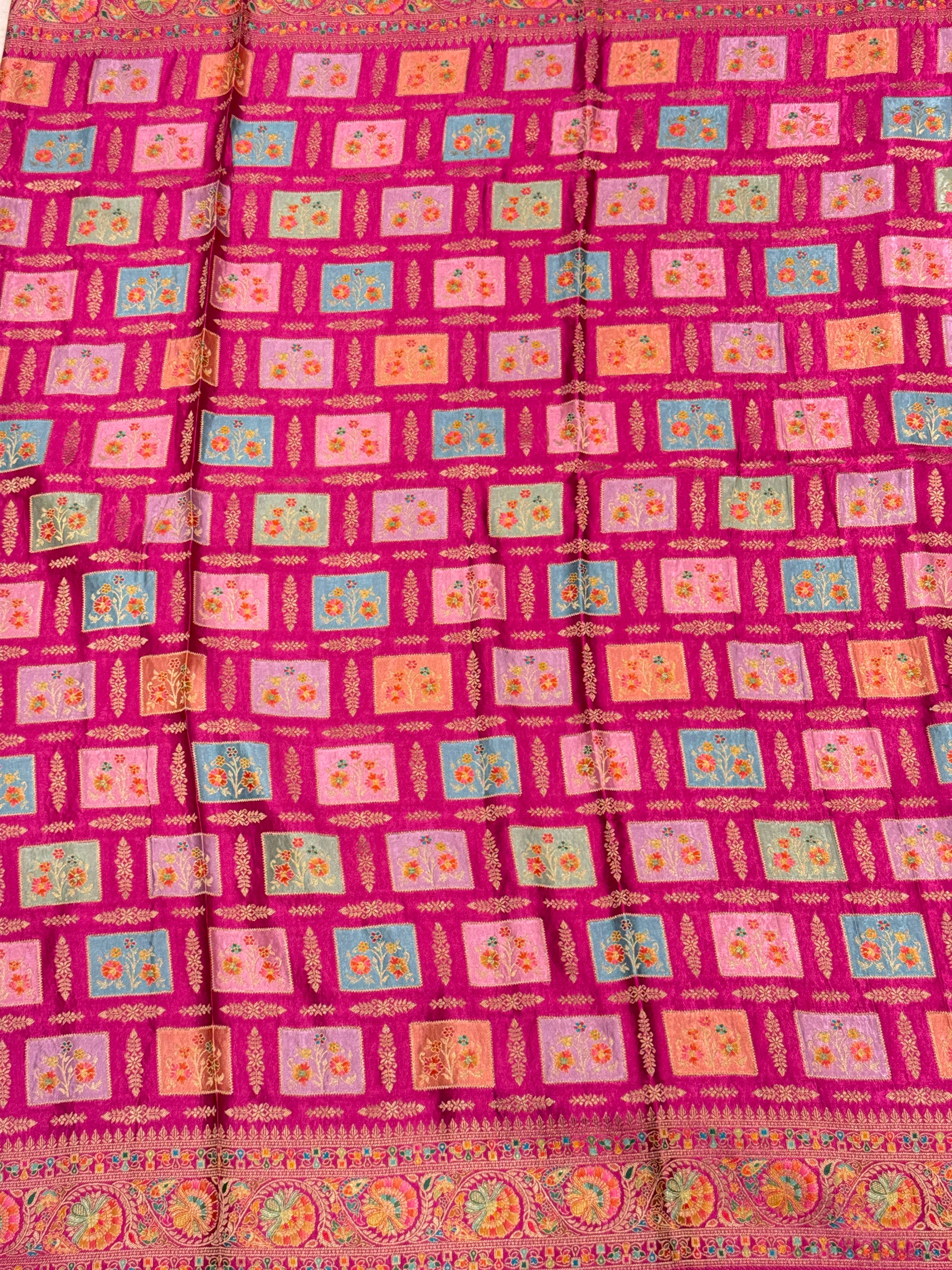 Raspberry  Box Check Banarasi Modal Satin Rangkat Saree