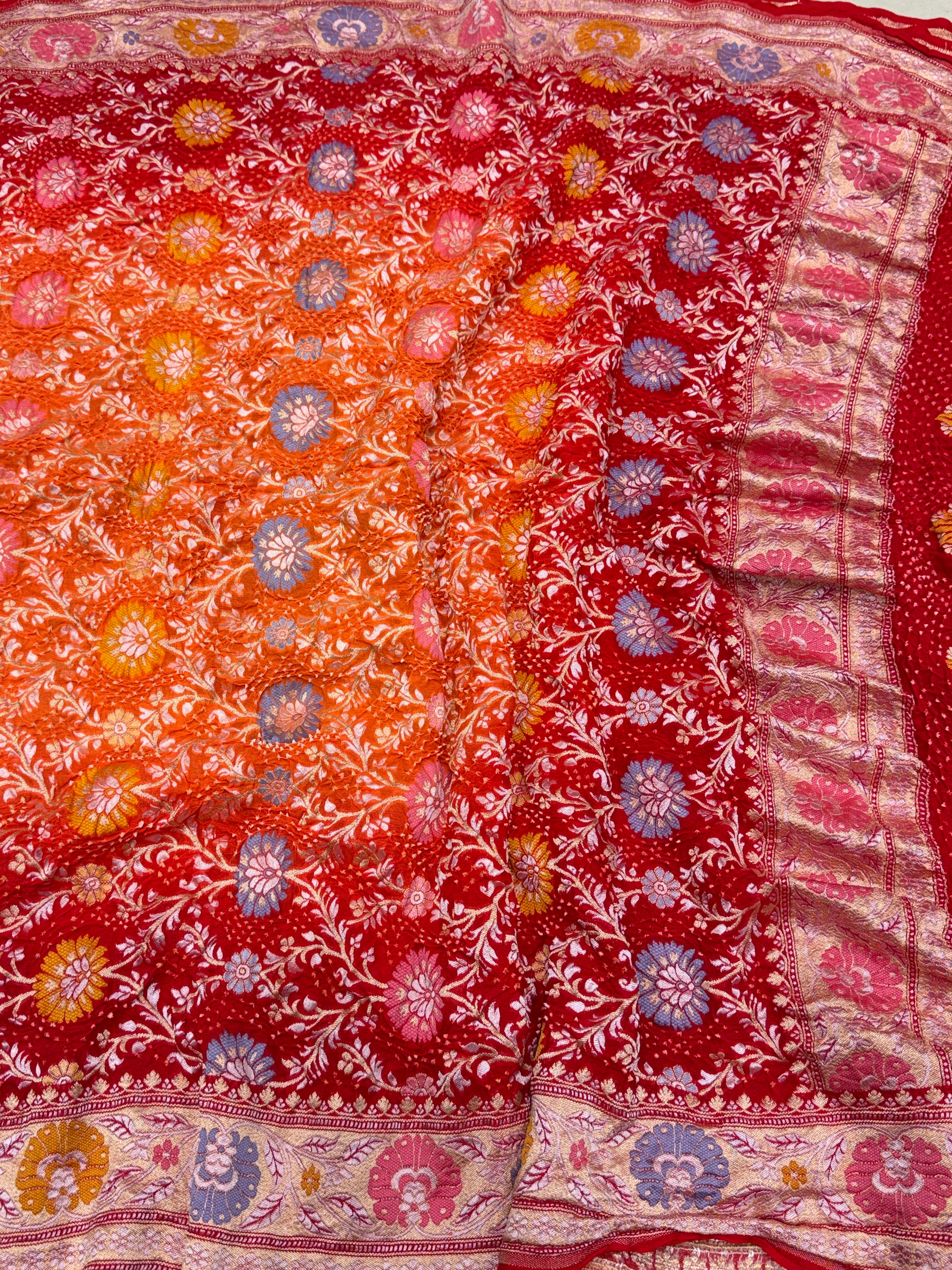 Shaded Orange Red Meenakari Jaal Pure Handloom Bandhej Georgette Saree