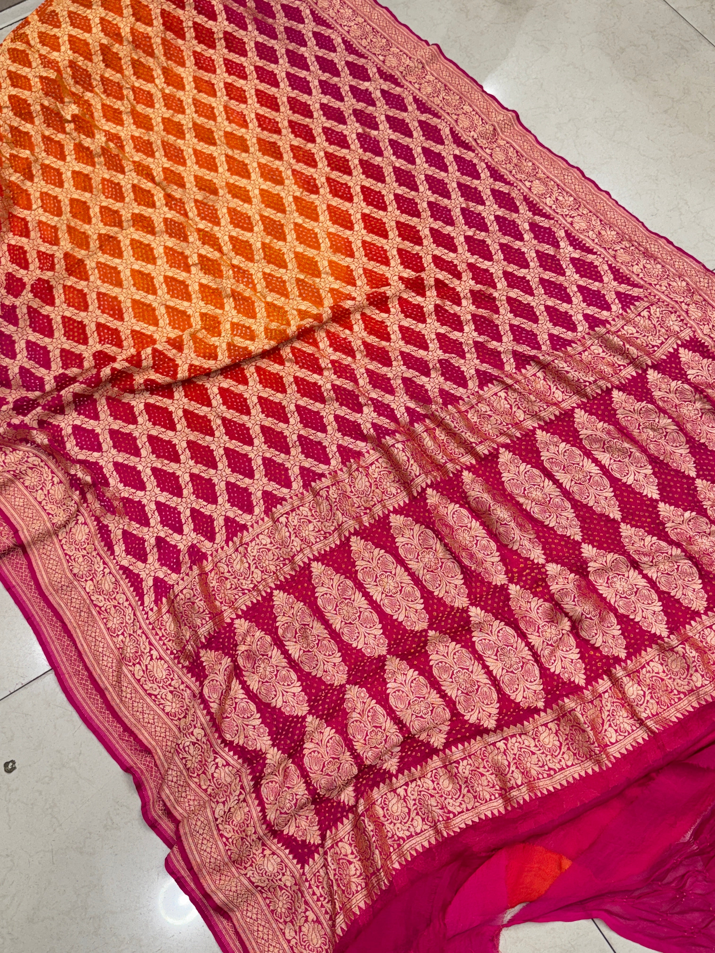 Shaded Orange Rani Bandhej Bandhini Saree