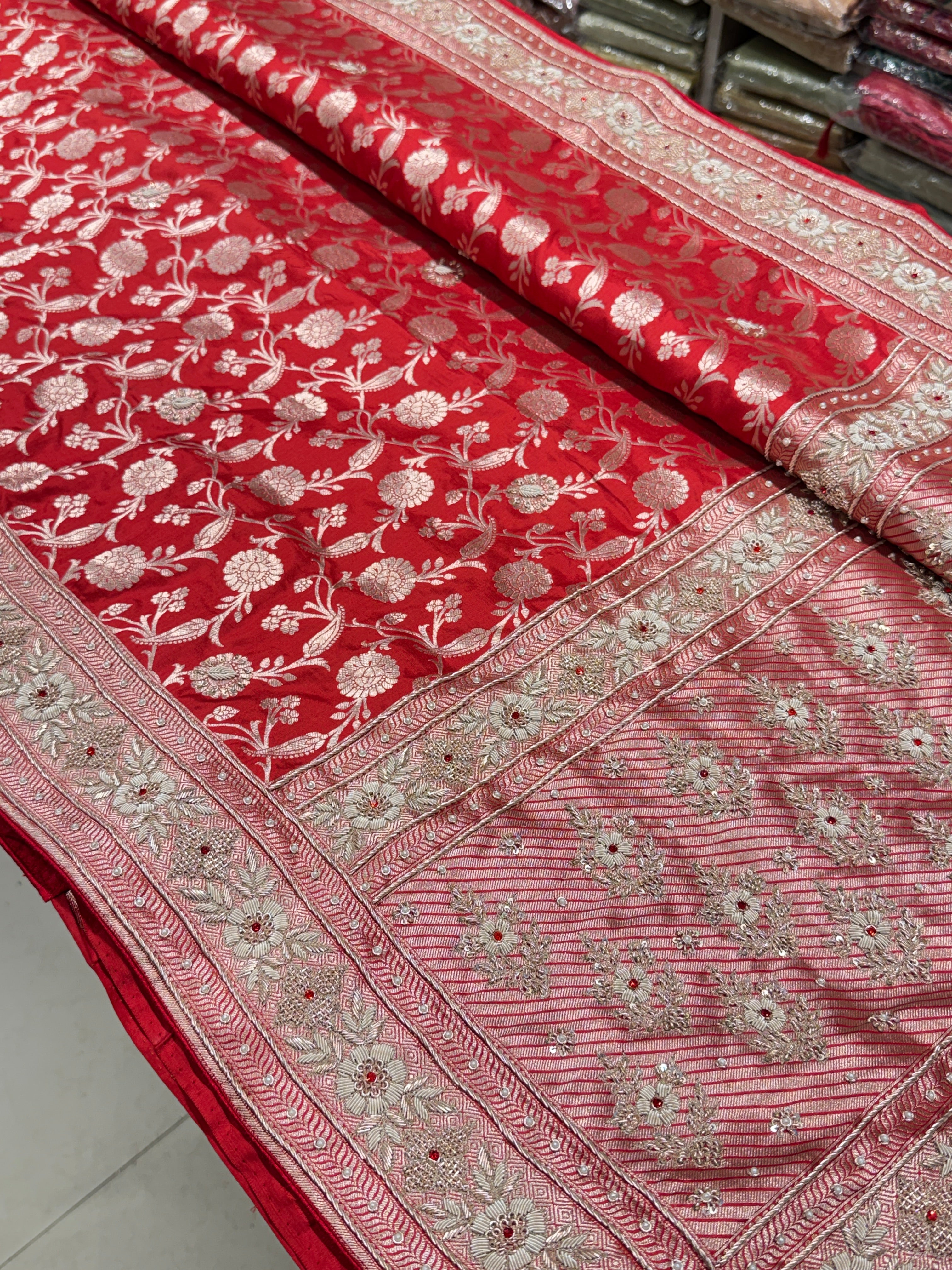 Red Jaal Handloom Banarasi Pure Katan Crystal Zardosi Embroidery Saree