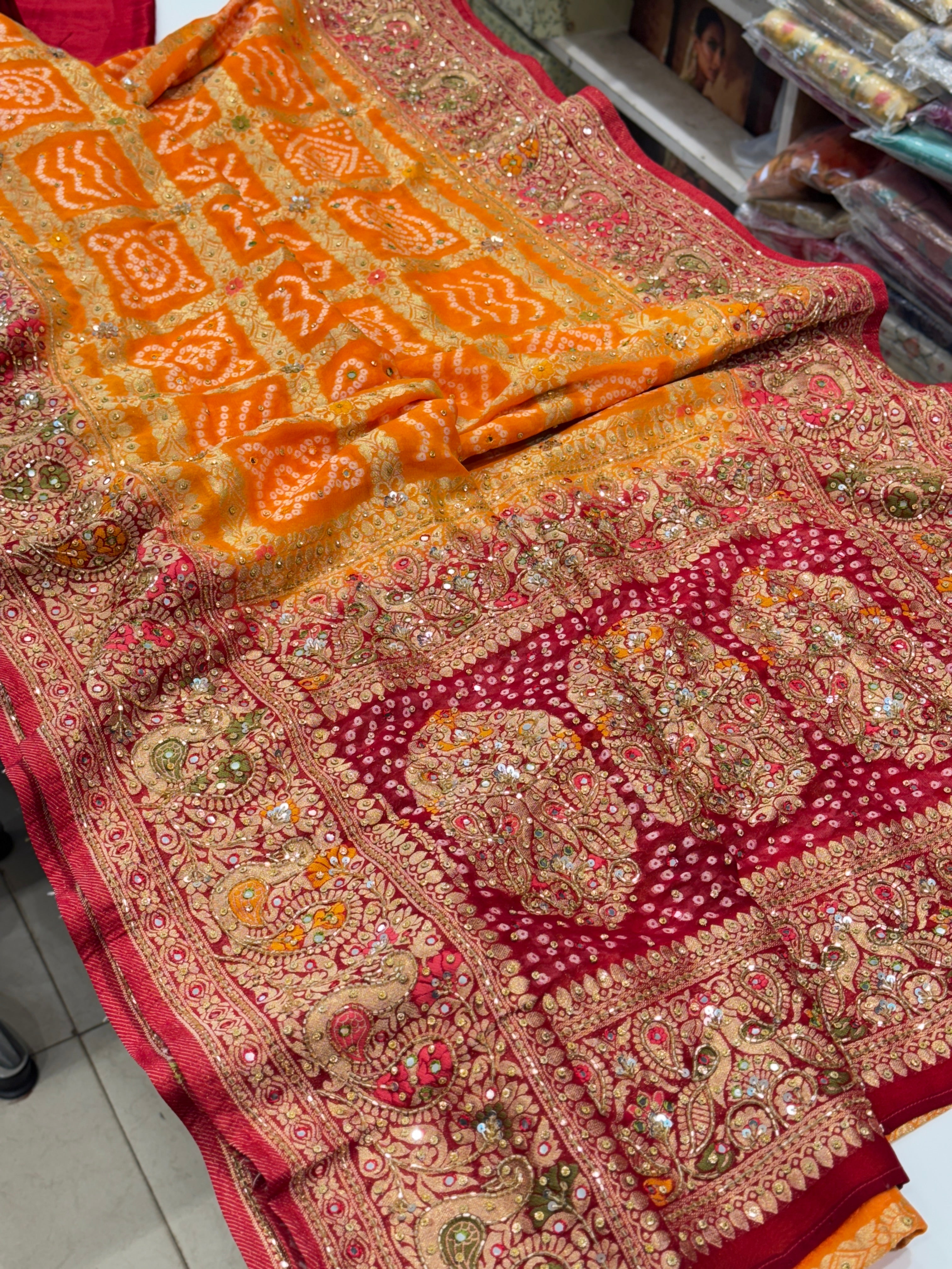 Orange Red Gharchola Embroidery Saree