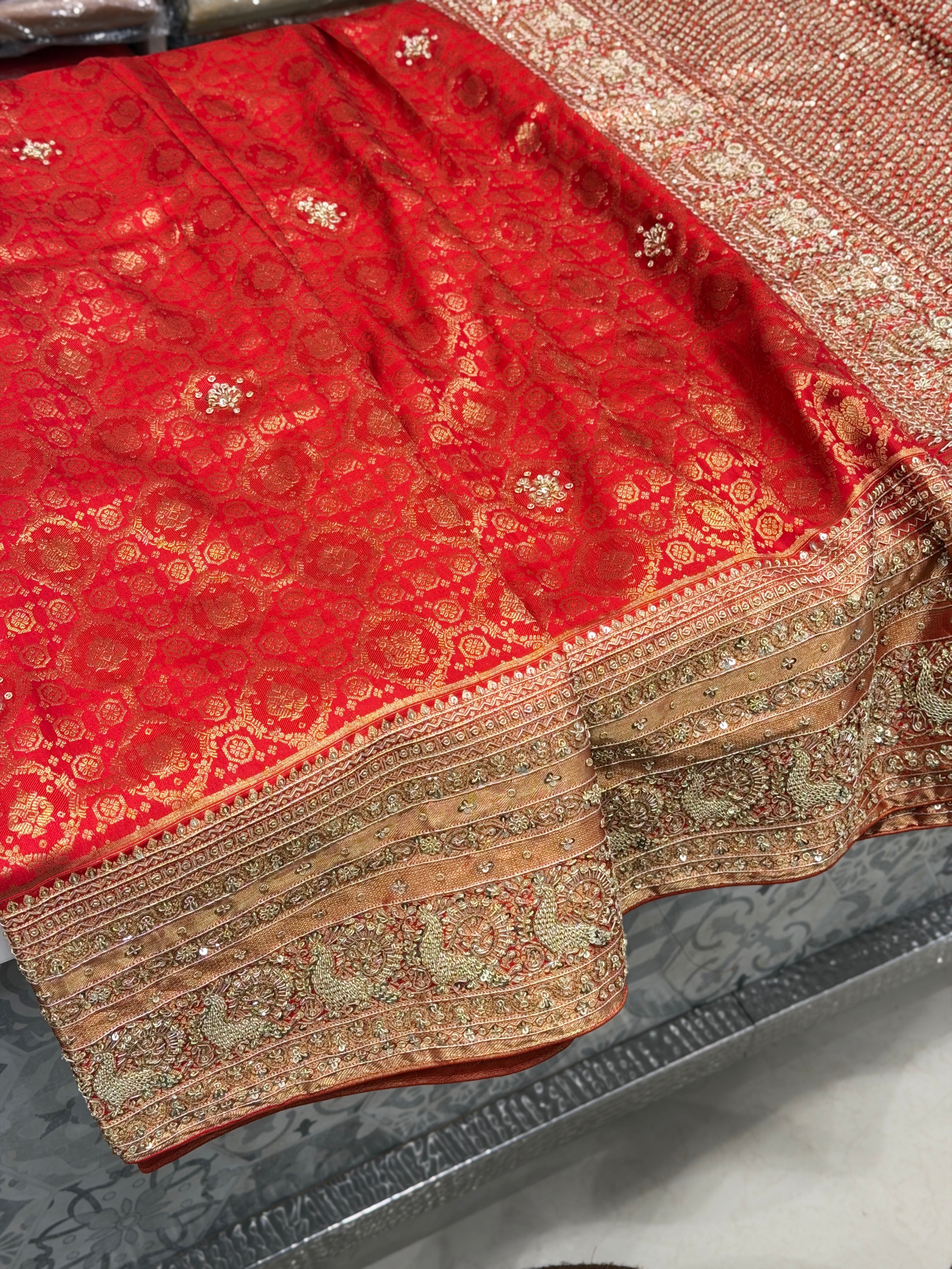 Red Kanjivaram Peacock Motif Hand Embroidery Zardosi Saree